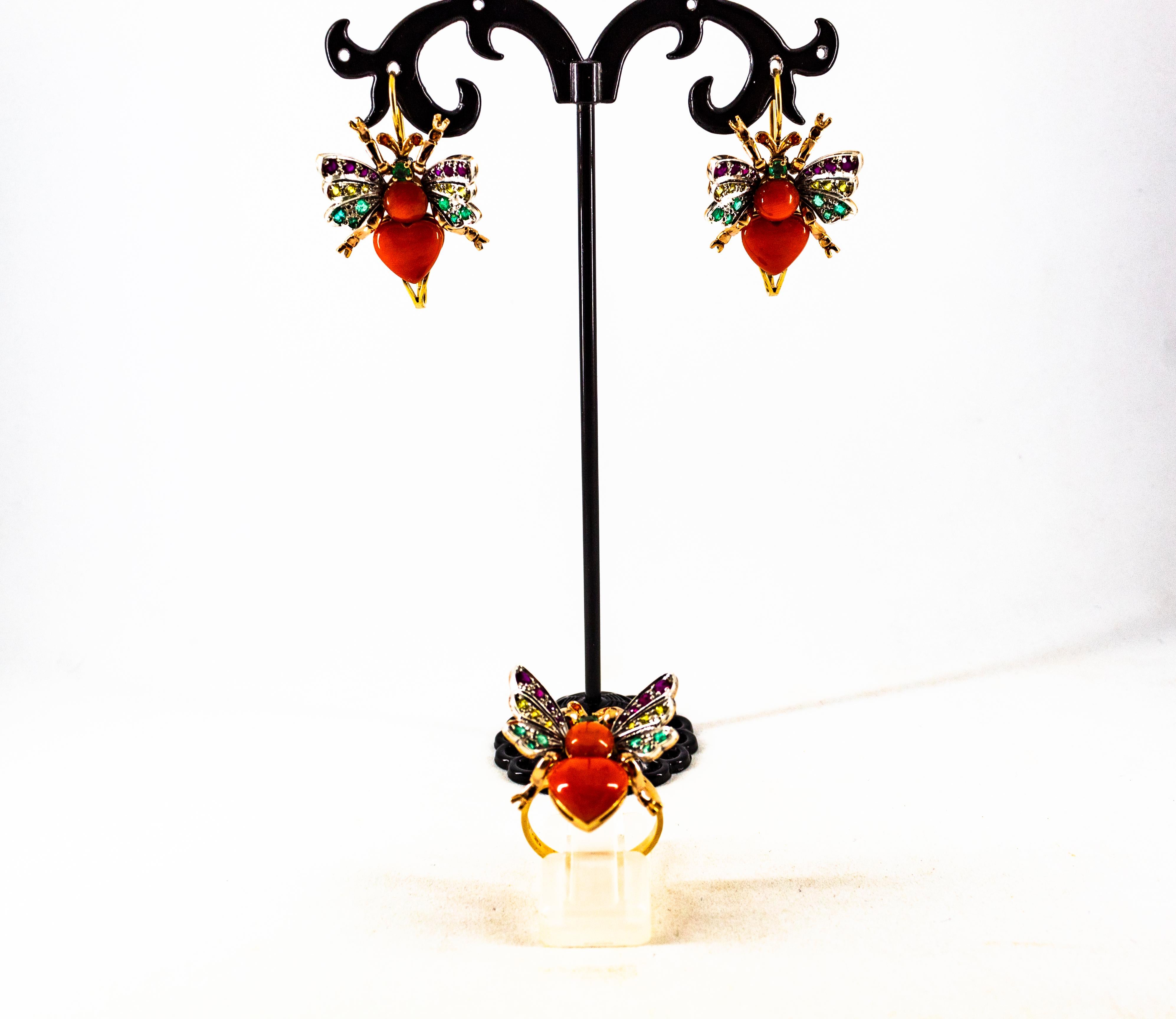 Art Nouveau Emerald Yellow Sapphire Ruby Coral Yellow Gold Lever-Back Earrings For Sale 6