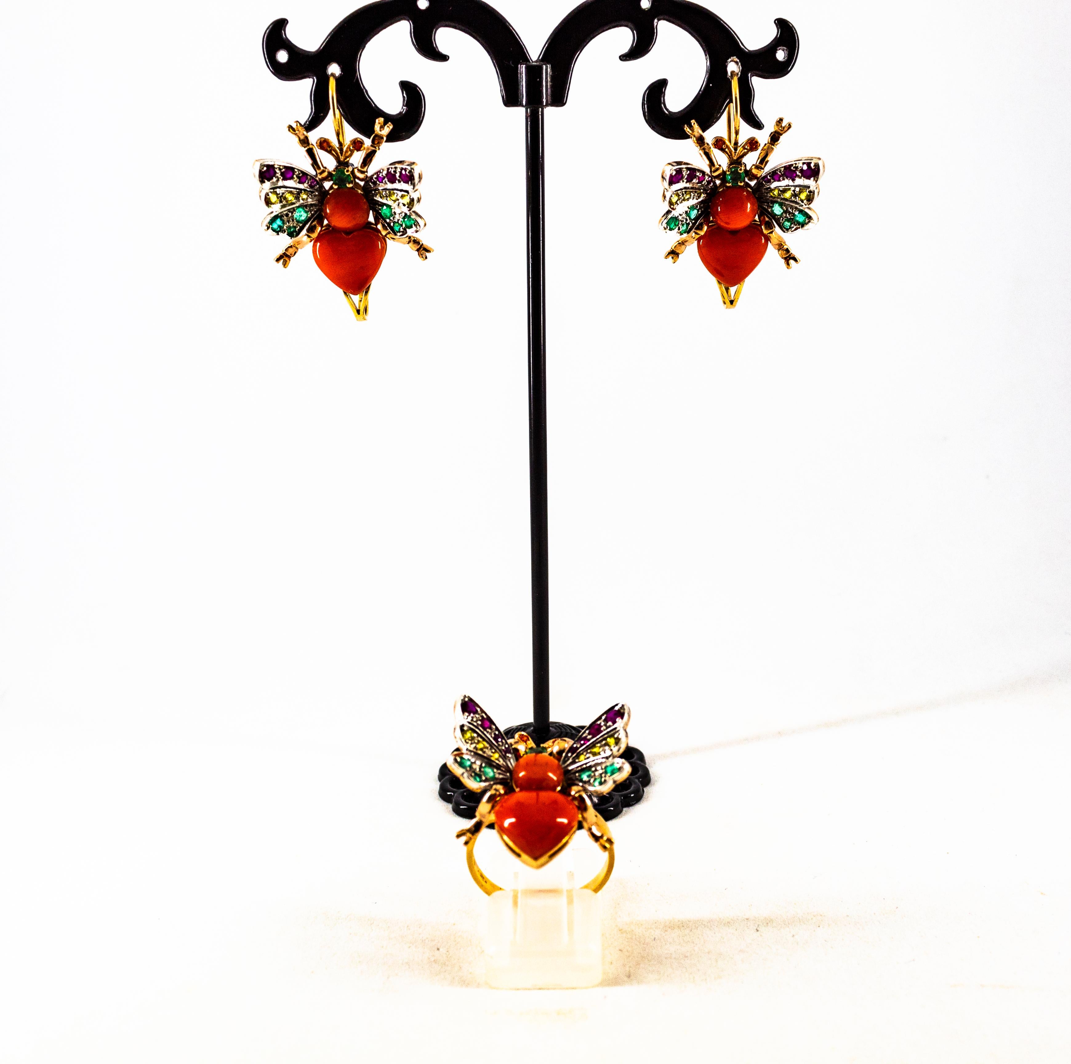 Art Nouveau Emerald Yellow Sapphire Ruby Coral Yellow Gold Lever-Back Earrings For Sale 7