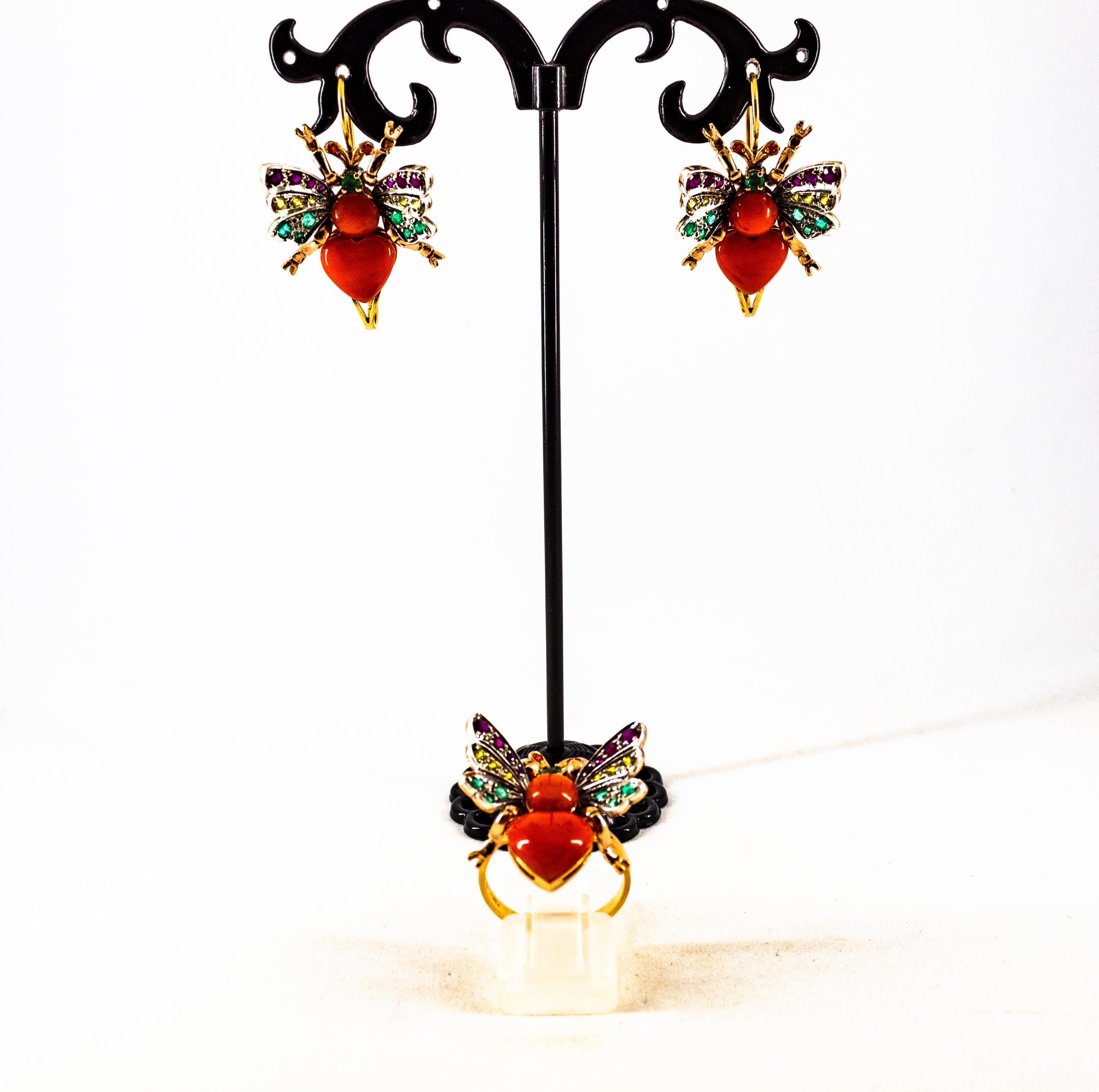 Boucles d'oreilles Art Nouveau Emeraude Jaune Saphir Rubis Corail Or Jaune en vente 6