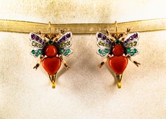 Boucles d'oreilles Art Nouveau Emeraude Jaune Saphir Rubis Corail Or Jaune