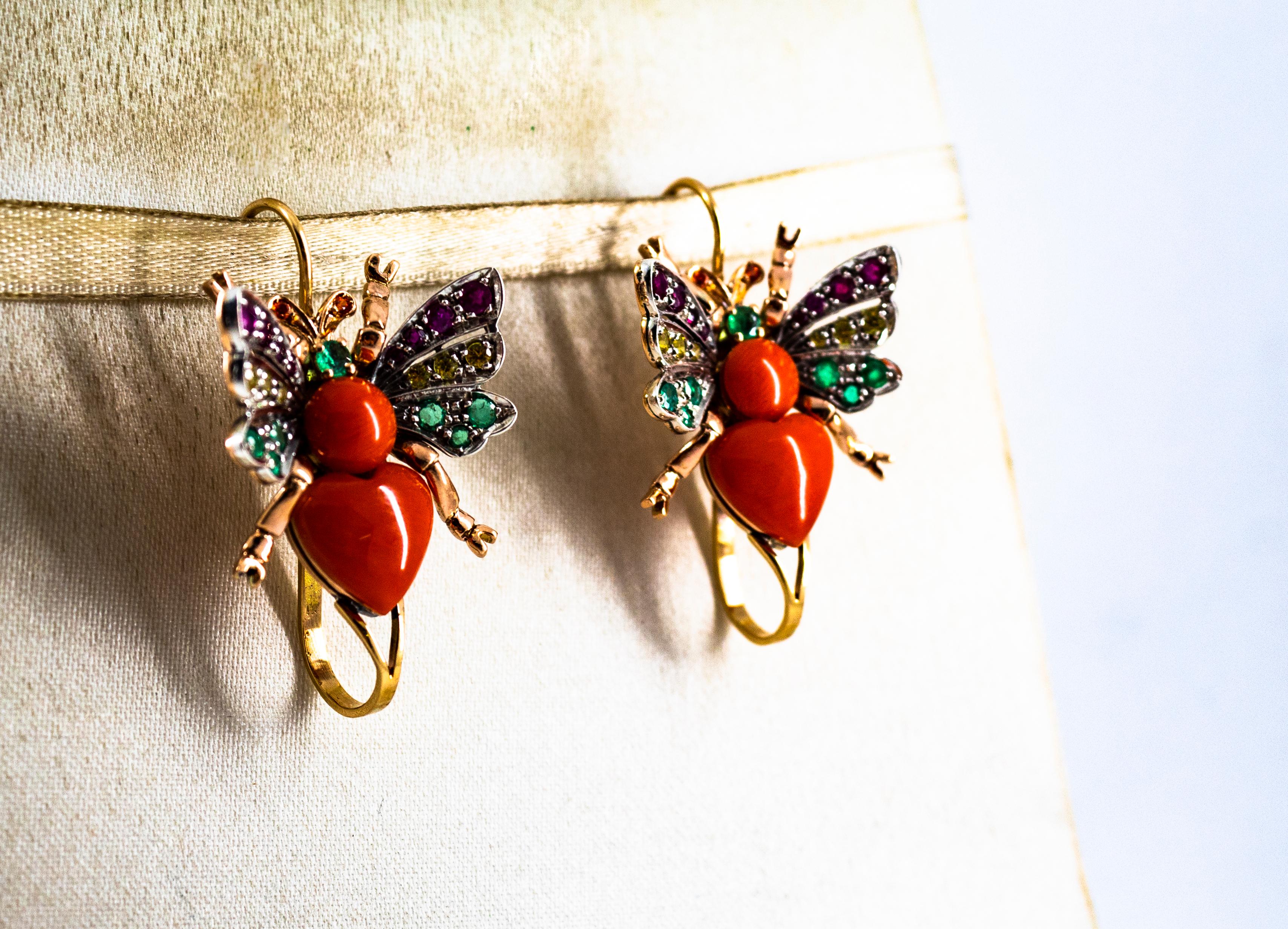 Brilliant Cut Art Nouveau Emerald Yellow Sapphire Ruby Coral Yellow Gold Lever-Back Earrings For Sale