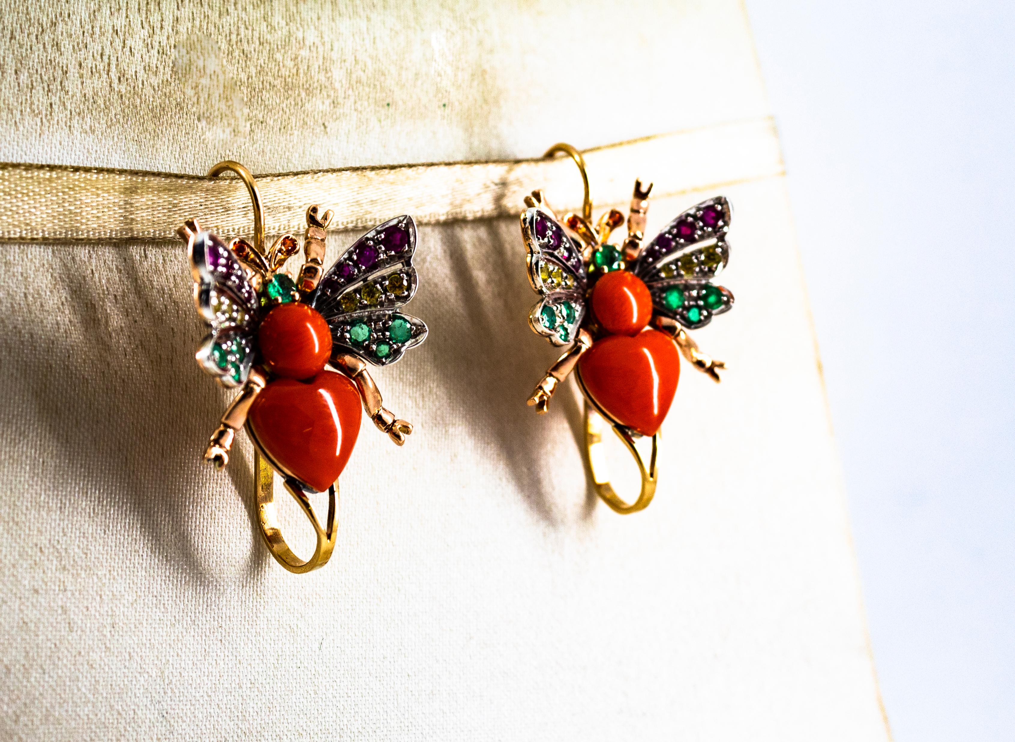 Art Nouveau Emerald Yellow Sapphire Ruby Coral Yellow Gold Lever-Back Earrings In New Condition For Sale In Naples, IT