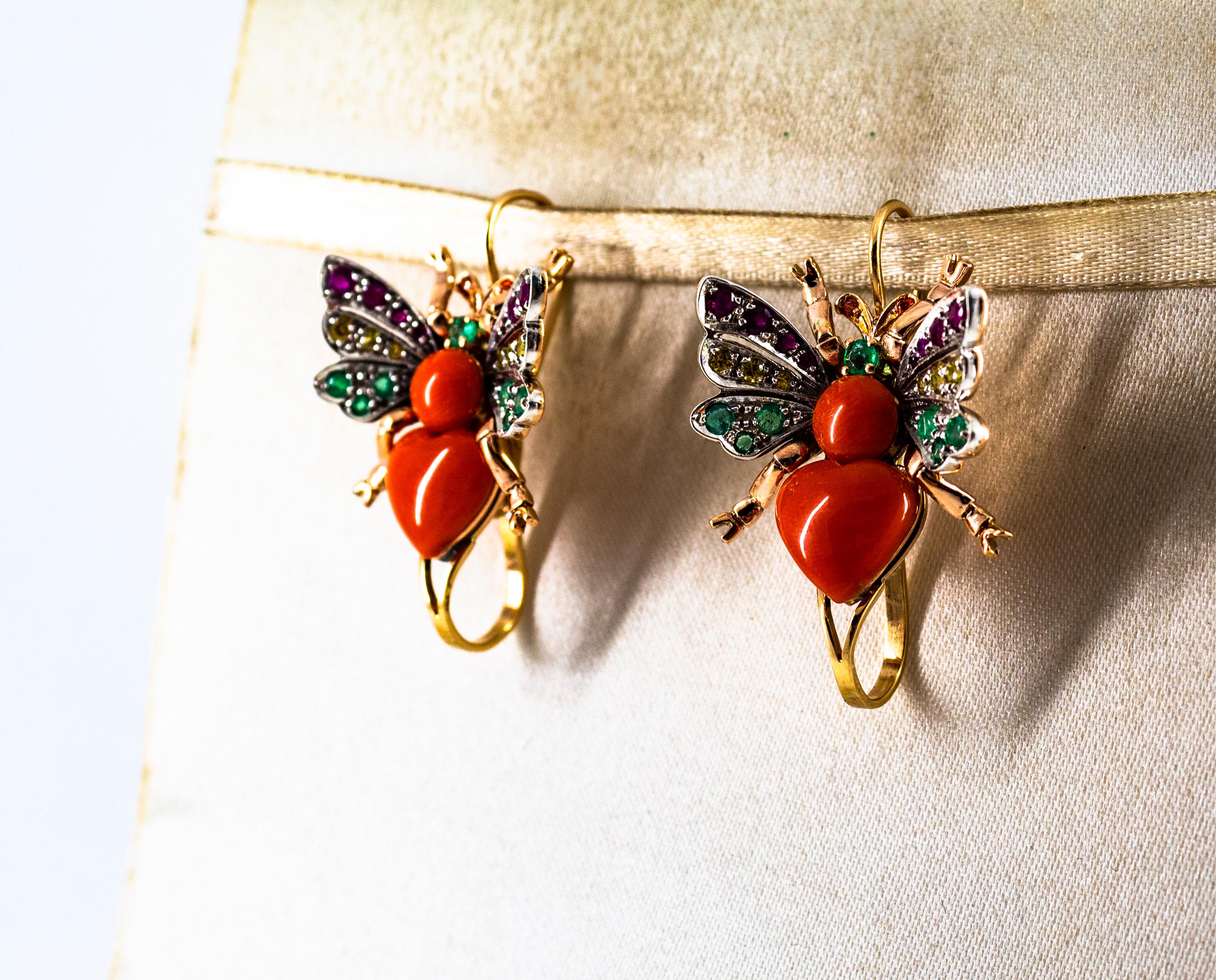 Boucles d'oreilles Art Nouveau Emeraude Jaune Saphir Rubis Corail Or Jaune Neuf - En vente à Naples, IT