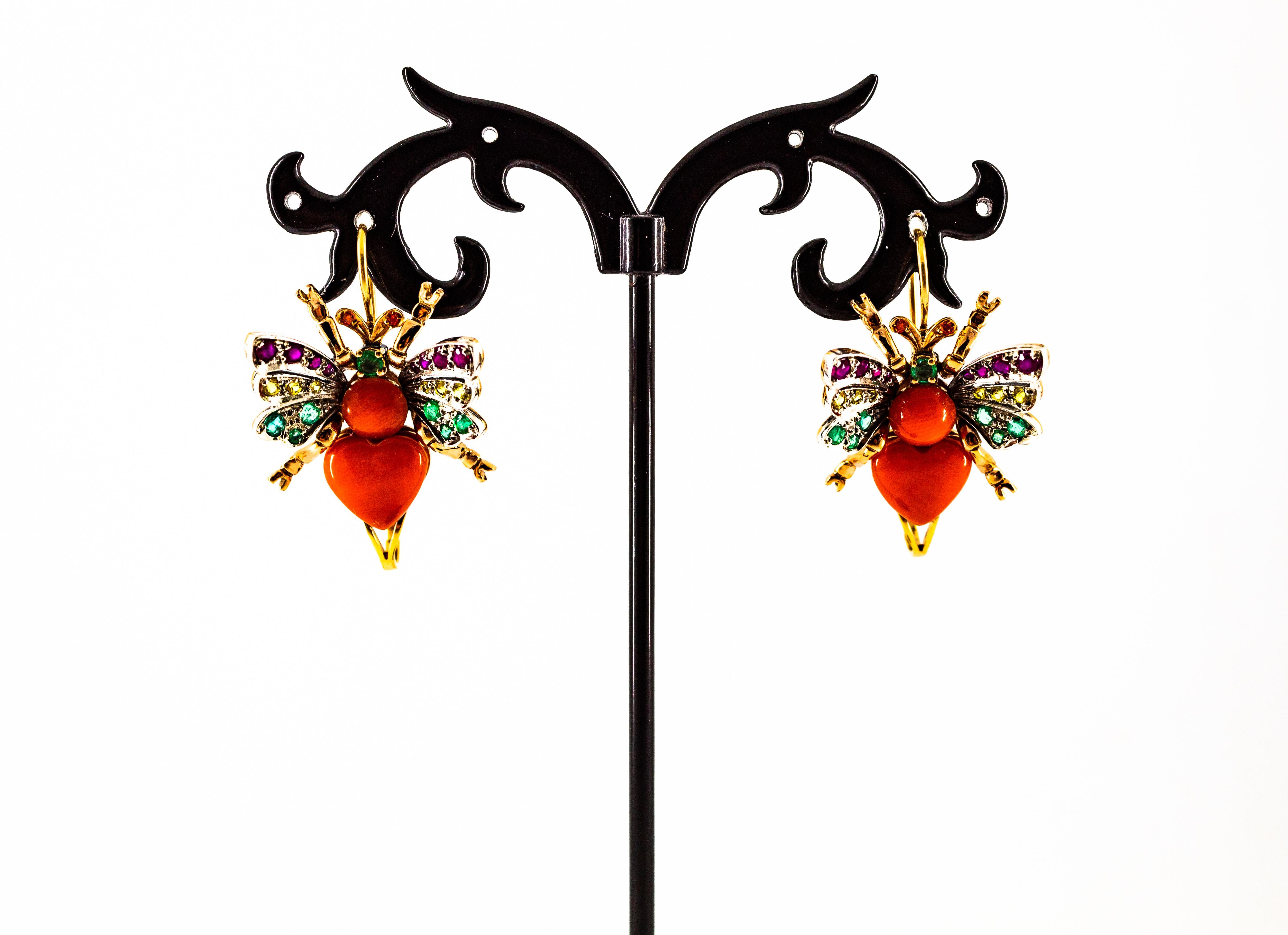 Art Nouveau Emerald Yellow Sapphire Ruby Coral Yellow Gold Lever-Back Earrings For Sale 1
