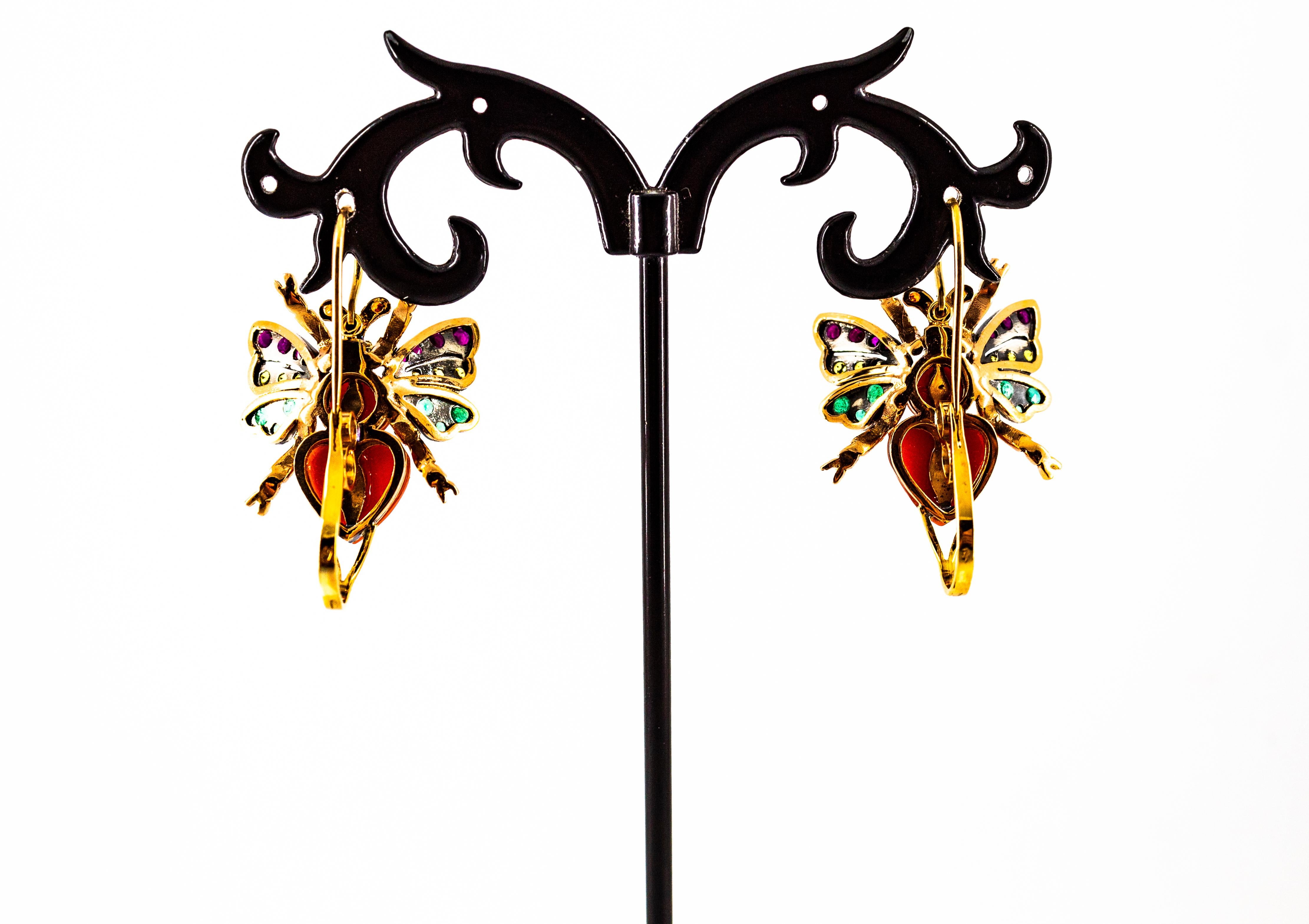 Boucles d'oreilles Art Nouveau Emeraude Jaune Saphir Rubis Corail Or Jaune en vente 3