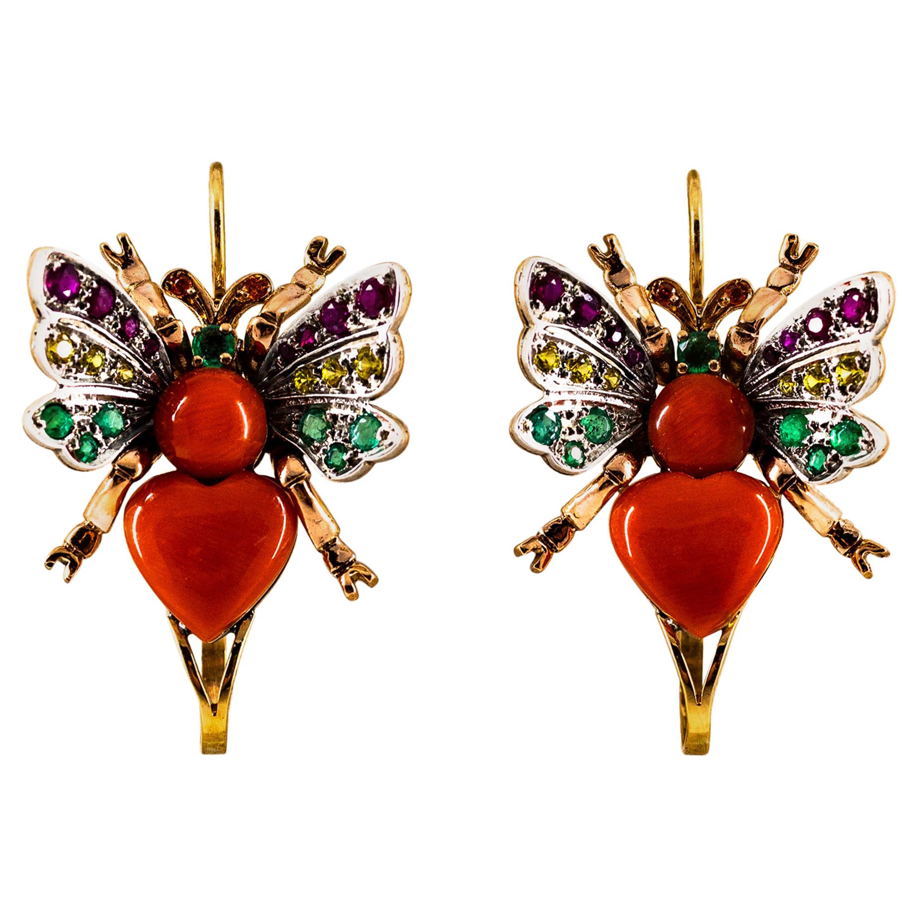 Boucles d'oreilles Art Nouveau Emeraude Jaune Saphir Rubis Corail Or Jaune en vente