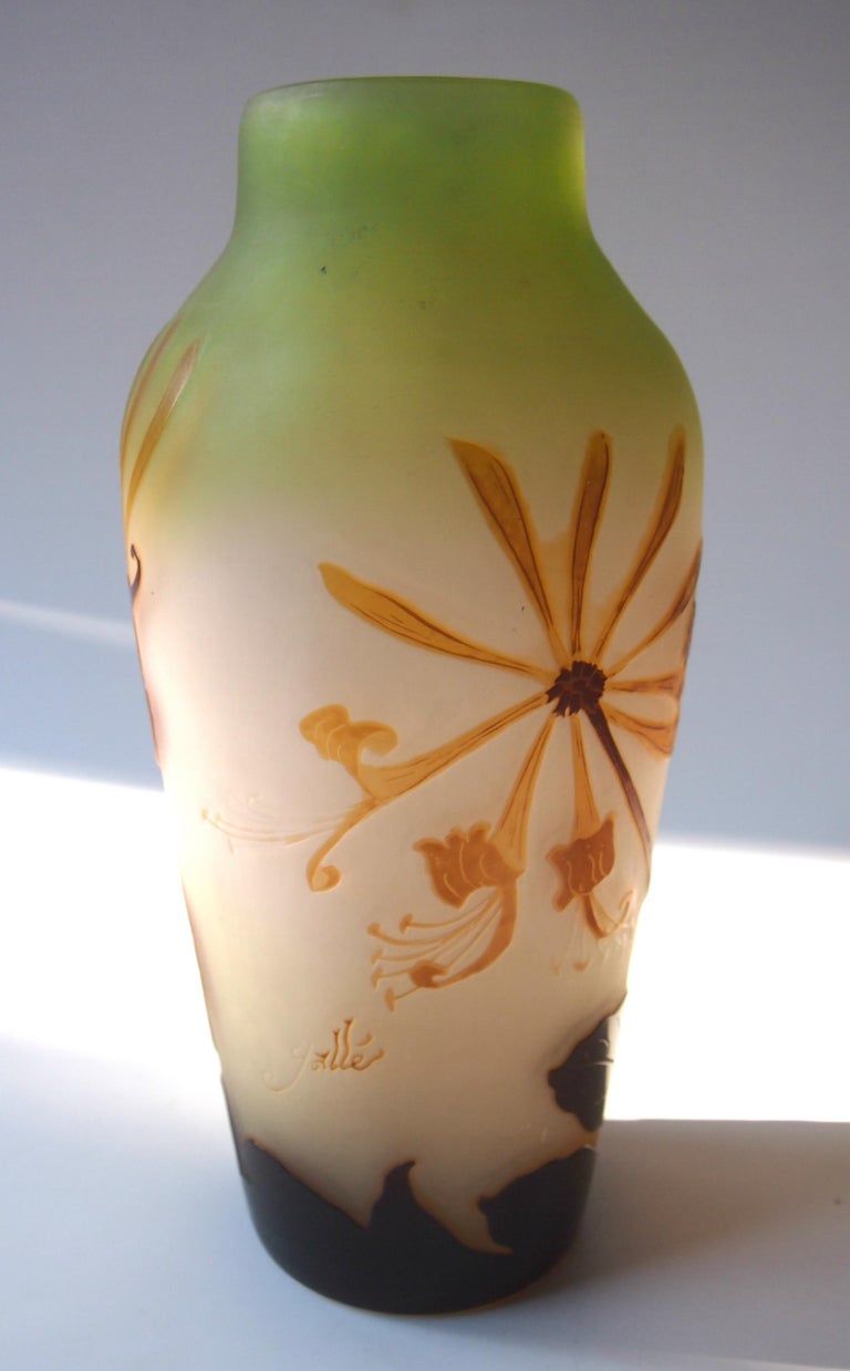 French Art Nouveau Emile Galle Cameo Glass Vase with Honeysuckle Signed, circa 1900 For Sale
