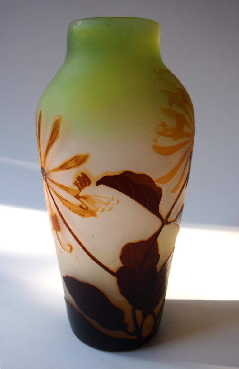 Art Nouveau Emile Galle Cameo Glass Vase with Honeysuckle Signed, circa 1900 In Good Condition For Sale In London, GB