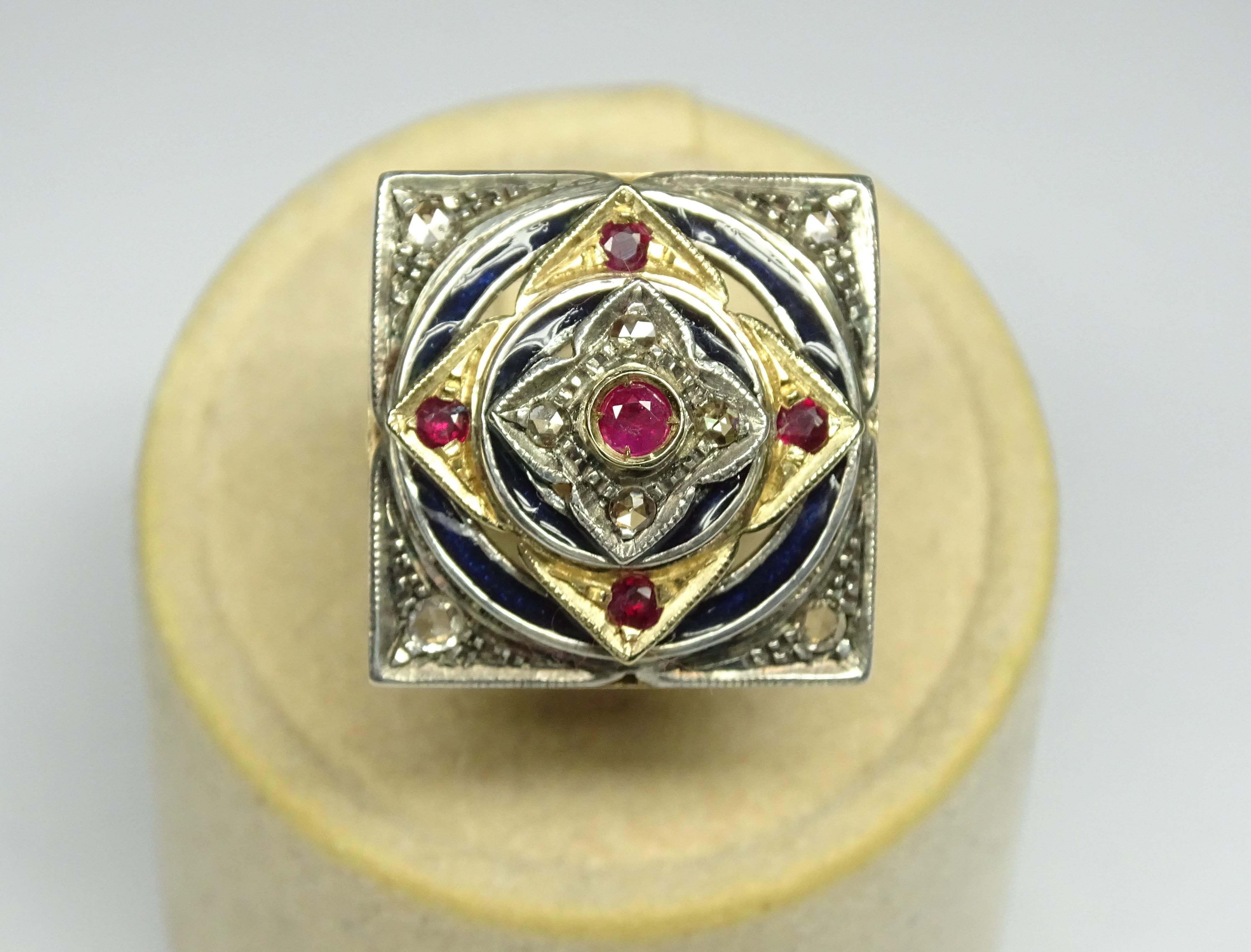 This Ring is made of 14K Yellow Gold and Sterling Silver.
This Ring has 0.28 Carats of Rose Cut Diamonds.
This Ring has 0.35 Carats of Ruby.
This Ring has Dark Blue Enamel.
This Ring is inspired by Art Nouveau.
Size ITA: 15.5 - Size USA: 7.5
We're a