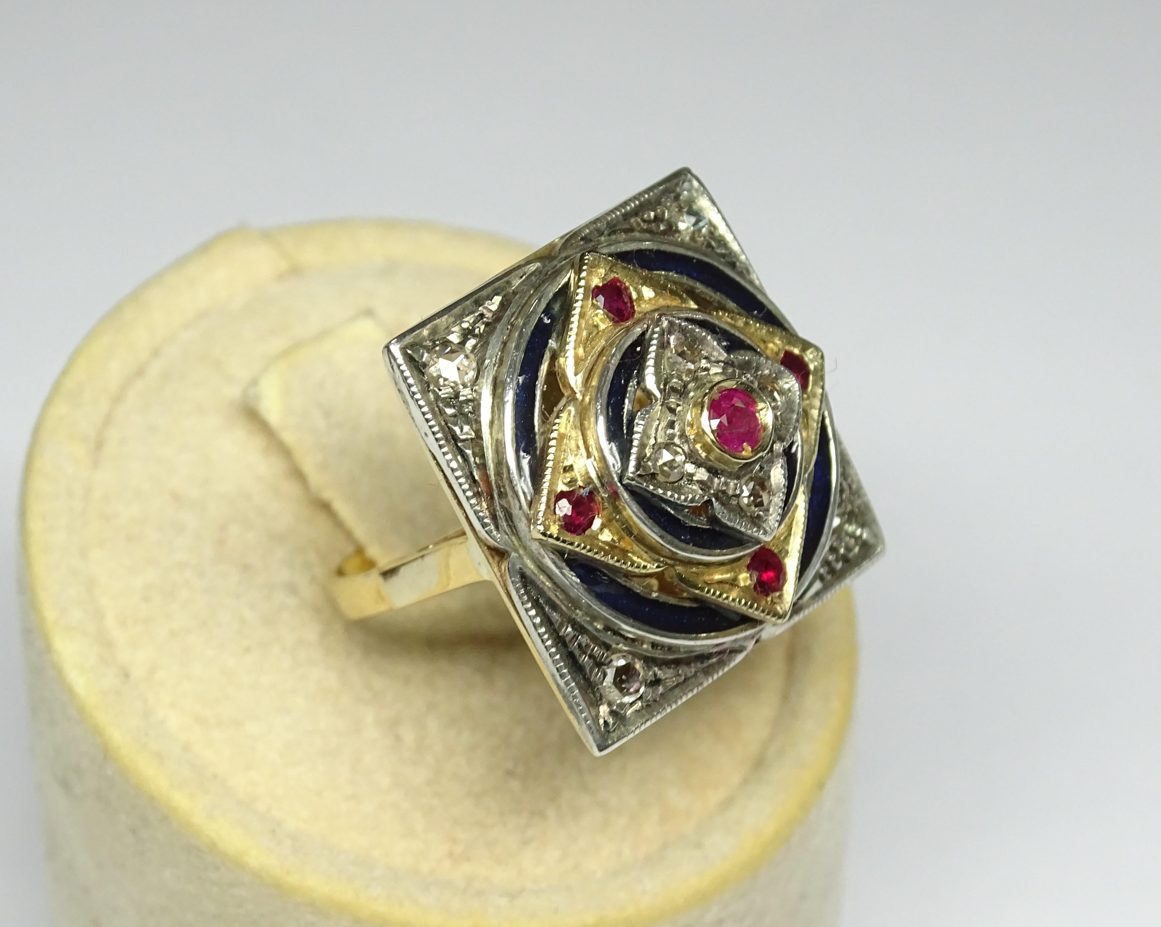 Art Nouveau Enamel 0.35 Carat Ruby Rose Cut Diamonds 14 Karat Yellow Gold Ring In New Condition For Sale In Marcianise, IT