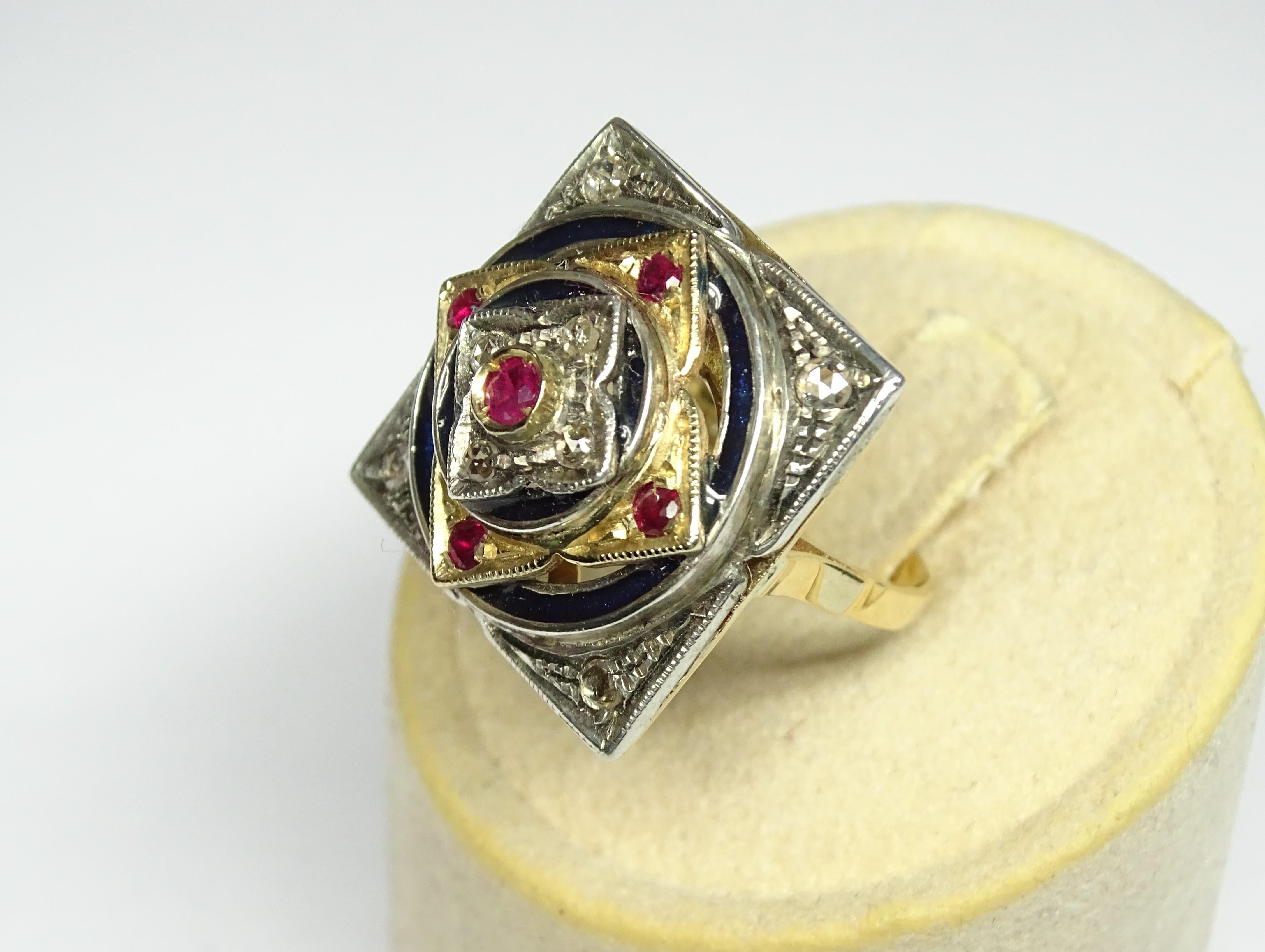 Women's or Men's Art Nouveau Enamel 0.35 Carat Ruby Rose Cut Diamonds 14 Karat Yellow Gold Ring For Sale