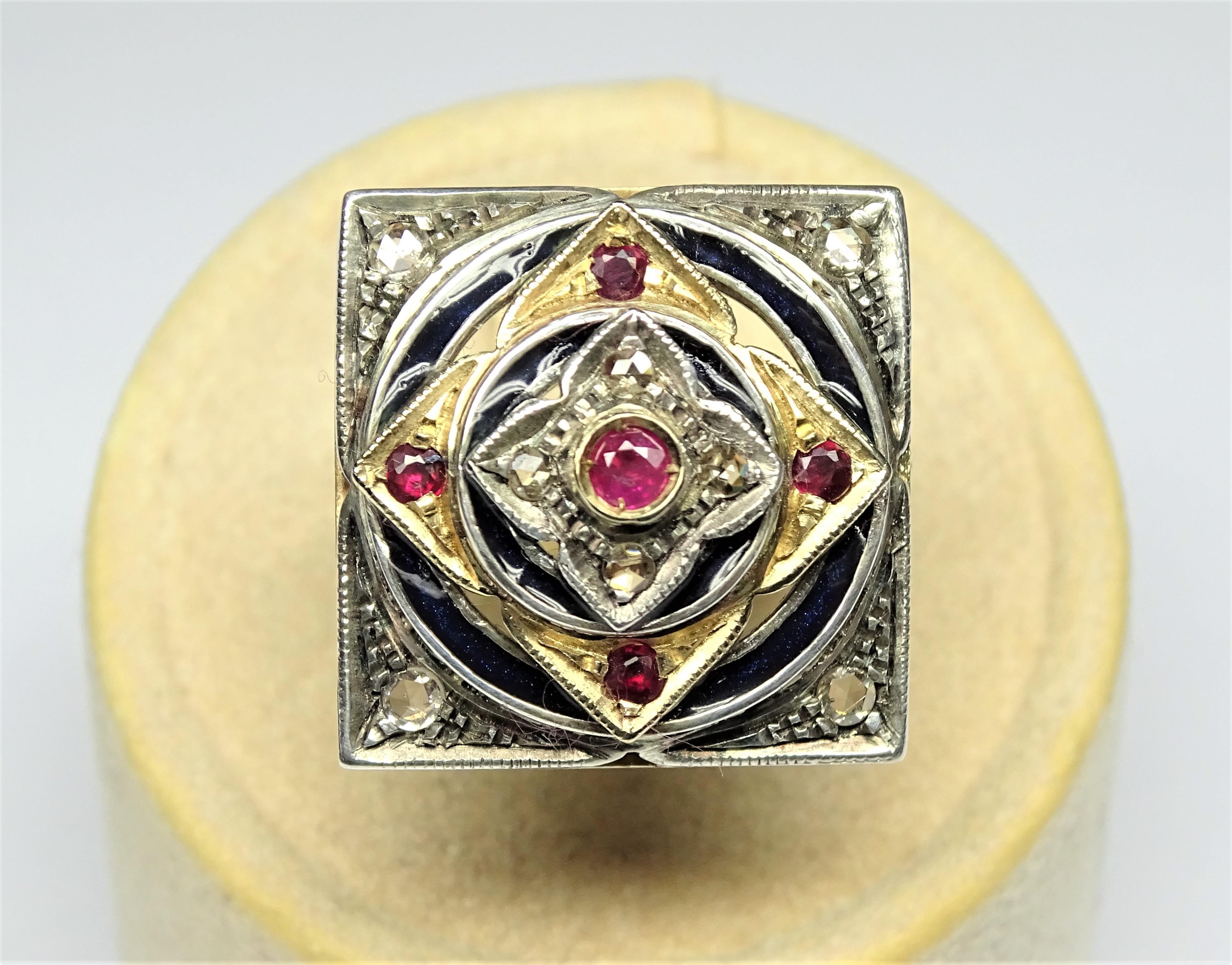 Art Nouveau Enamel 0.35 Carat Ruby Rose Cut Diamonds 14 Karat Yellow Gold Ring For Sale 2