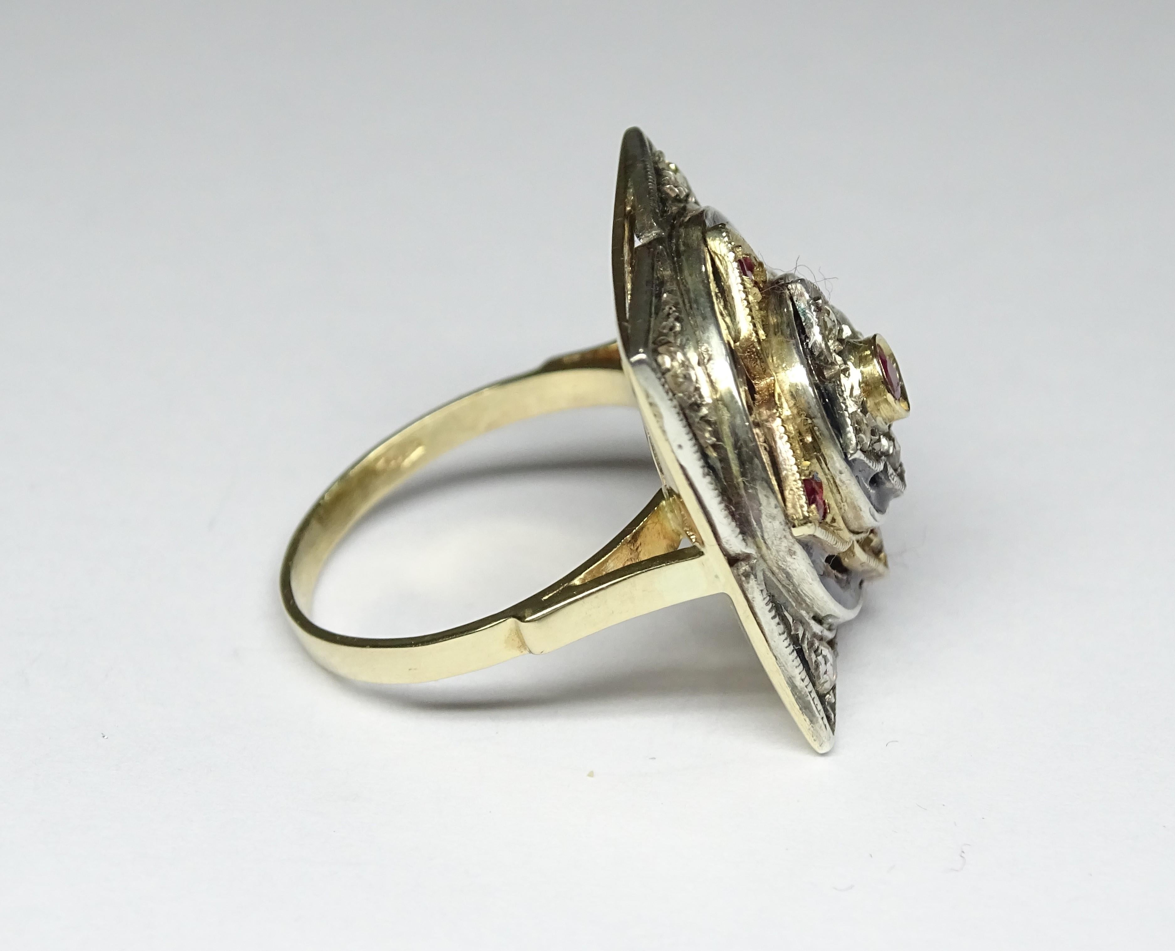 Art Nouveau Enamel 0.35 Carat Ruby Rose Cut Diamonds 14 Karat Yellow Gold Ring For Sale 4