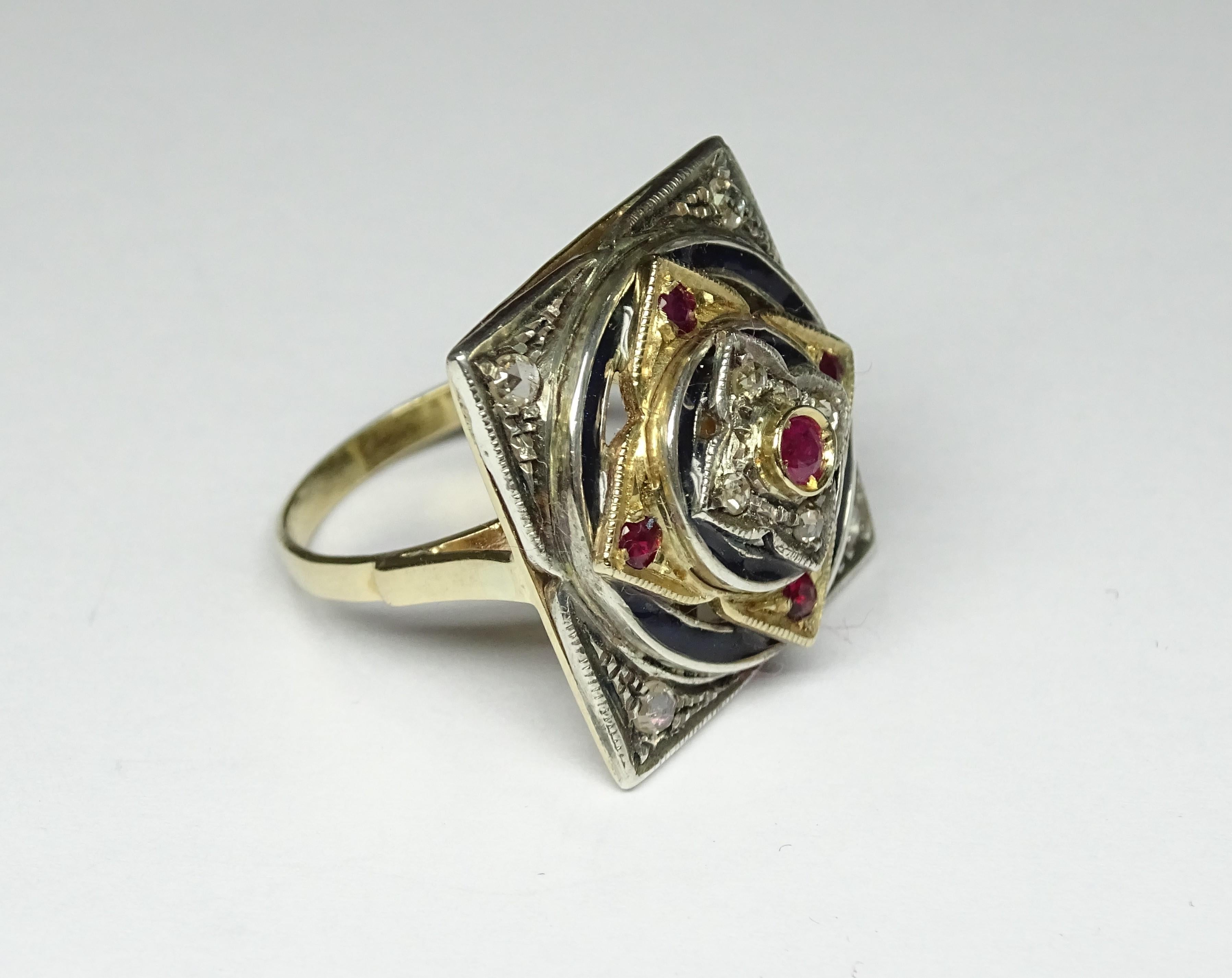 Art Nouveau Enamel 0.35 Carat Ruby Rose Cut Diamonds 14 Karat Yellow Gold Ring For Sale 5