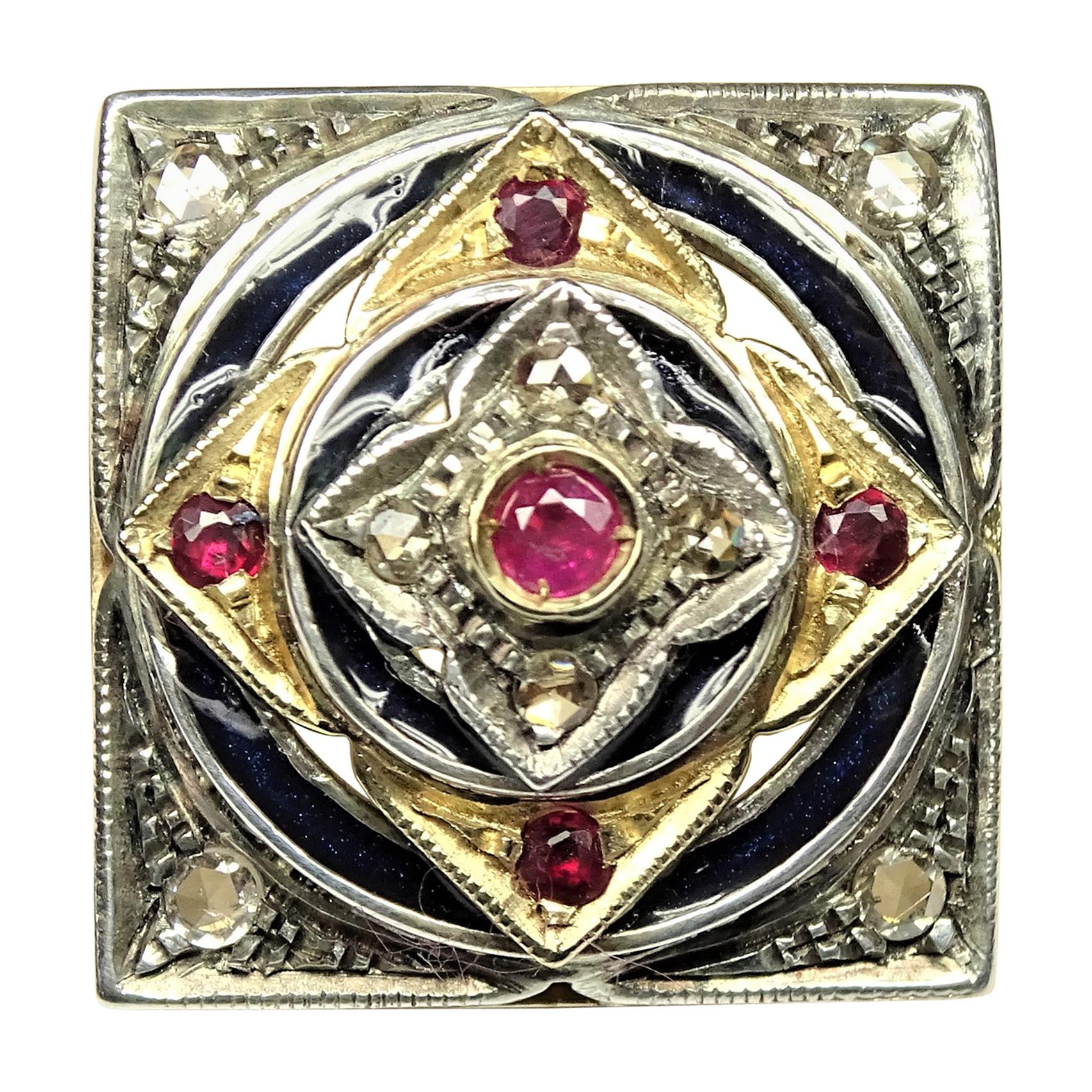 Art Nouveau Enamel 0.35 Carat Ruby Rose Cut Diamonds 14 Karat Yellow Gold Ring For Sale