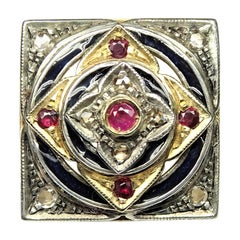 Art Nouveau Enamel 0.35 Carat Ruby Rose Cut Diamonds 14 Karat Yellow Gold Ring