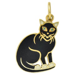 Antique Art Nouveau Enamel 14 Karat Gold Cat Charm