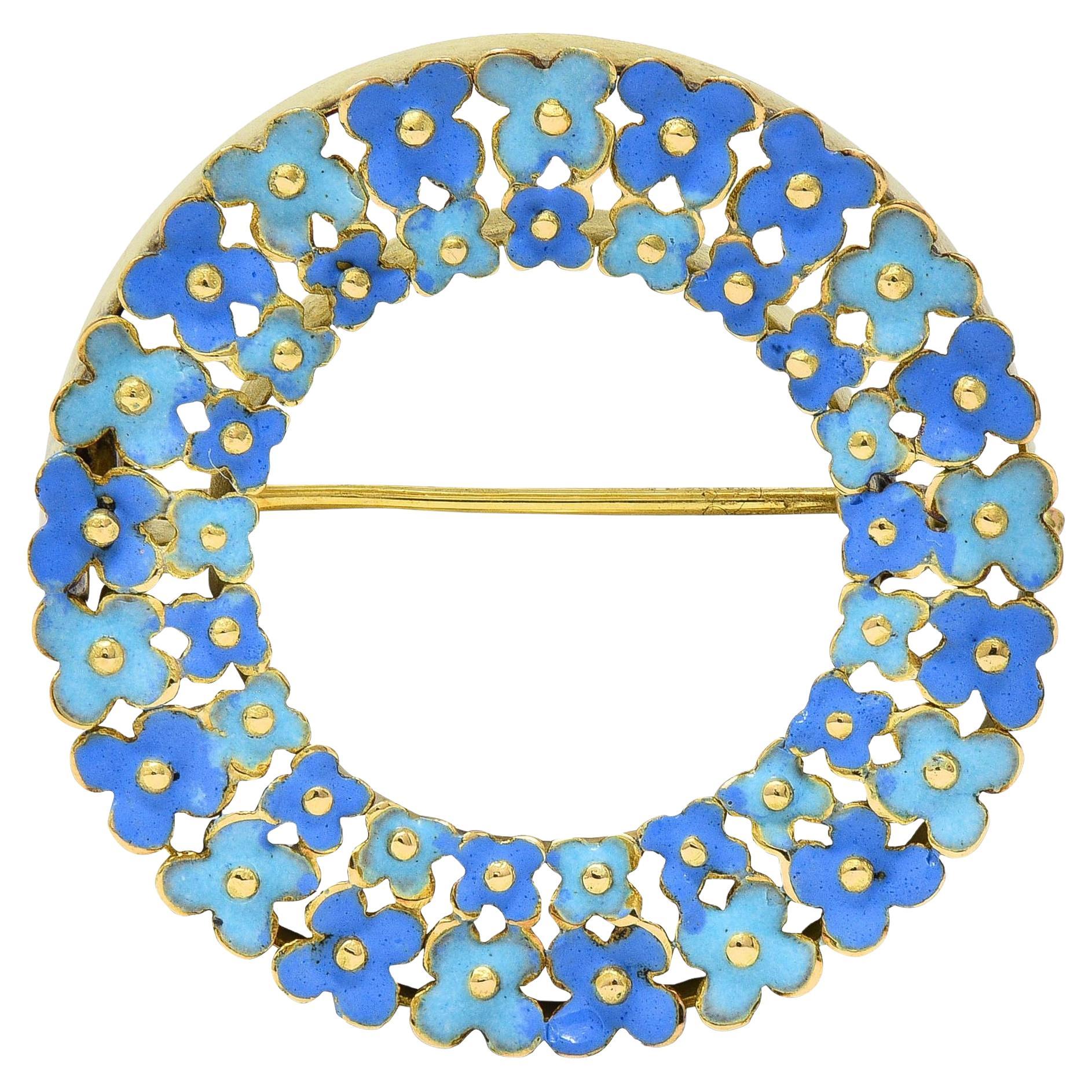 Art Nouveau Enamel 14 Karat Gold Forget-Me-Not Antique Wreath Circle Brooch