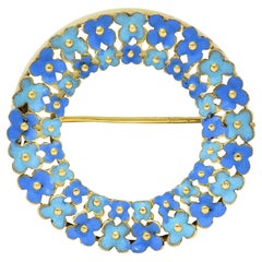 Art Nouveau Enamel 14 Karat Gold Forget-Me-Not Antique Wreath Circle Brooch