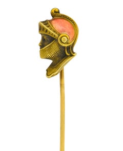 Jugendstil-Anstecknadel, Emaille 14 Karat Gold Knight