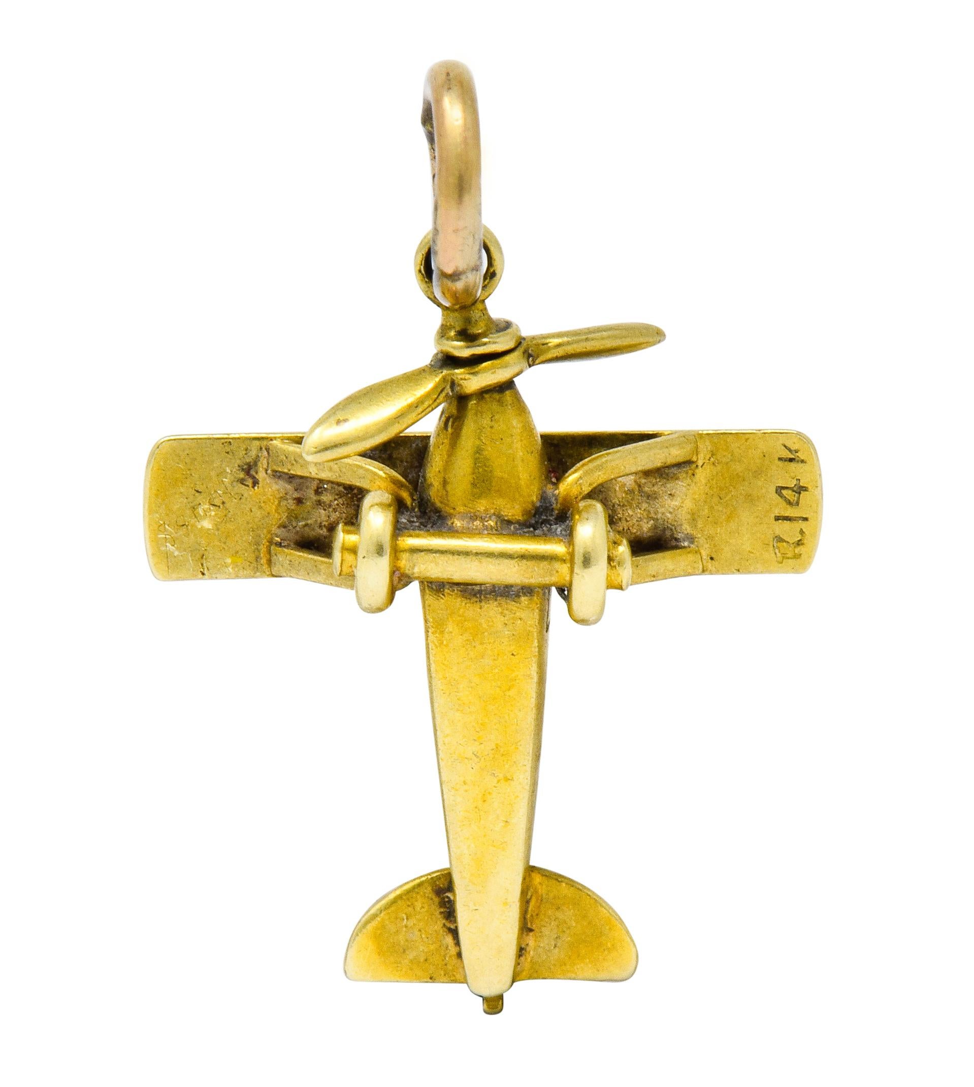 Art Nouveau Enamel 14 Karat Gold Star Propeller Plane Charm 1