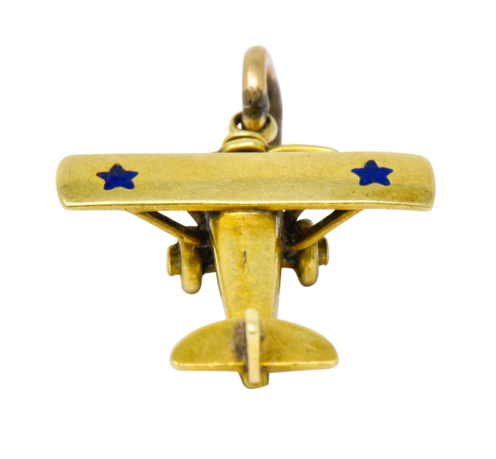 Art Nouveau Enamel 14 Karat Gold Star Propeller Plane Charm 4