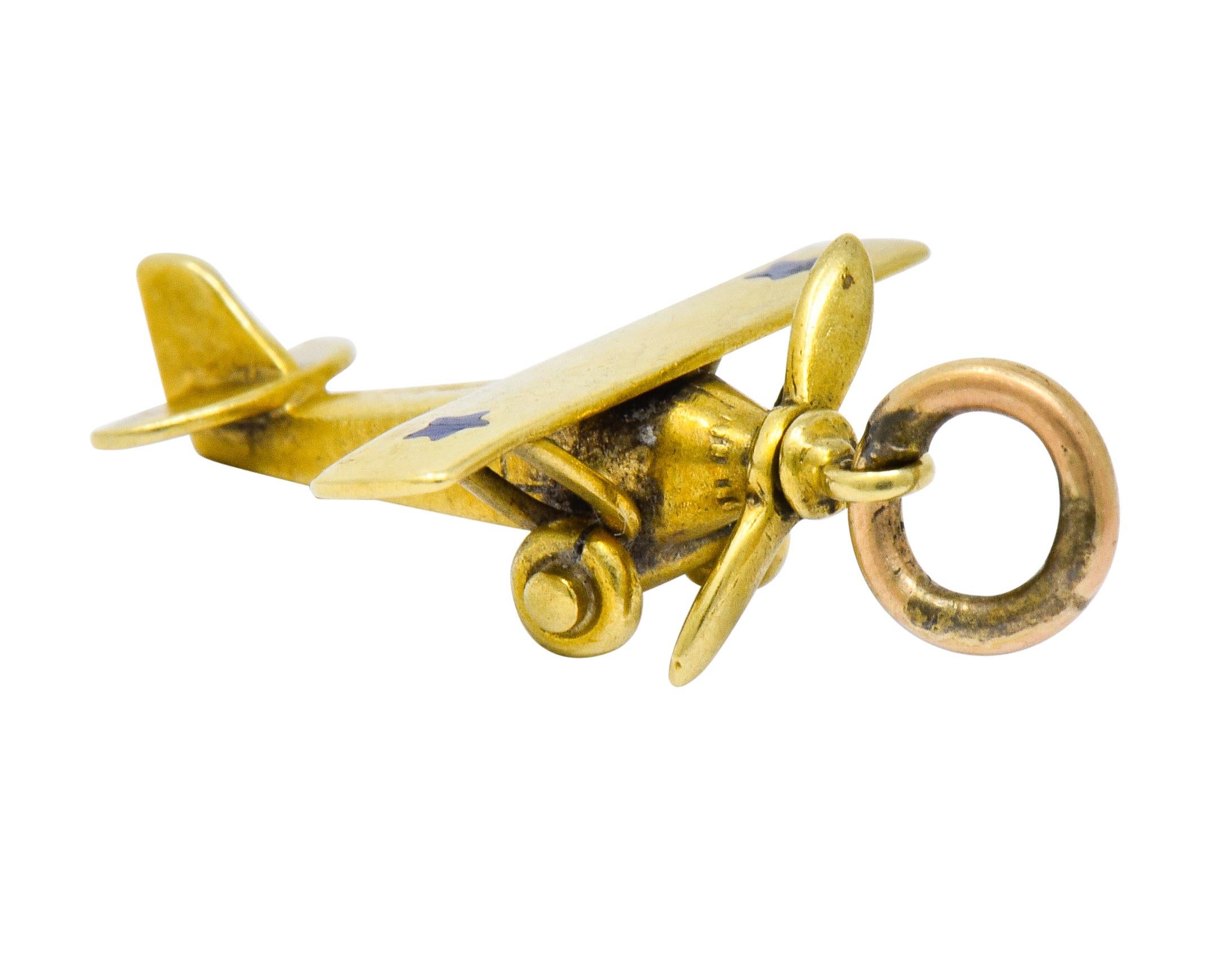 Art Nouveau Enamel 14 Karat Gold Star Propeller Plane Charm 5