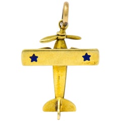 Art Nouveau Enamel 14 Karat Gold Star Propeller Plane Charm