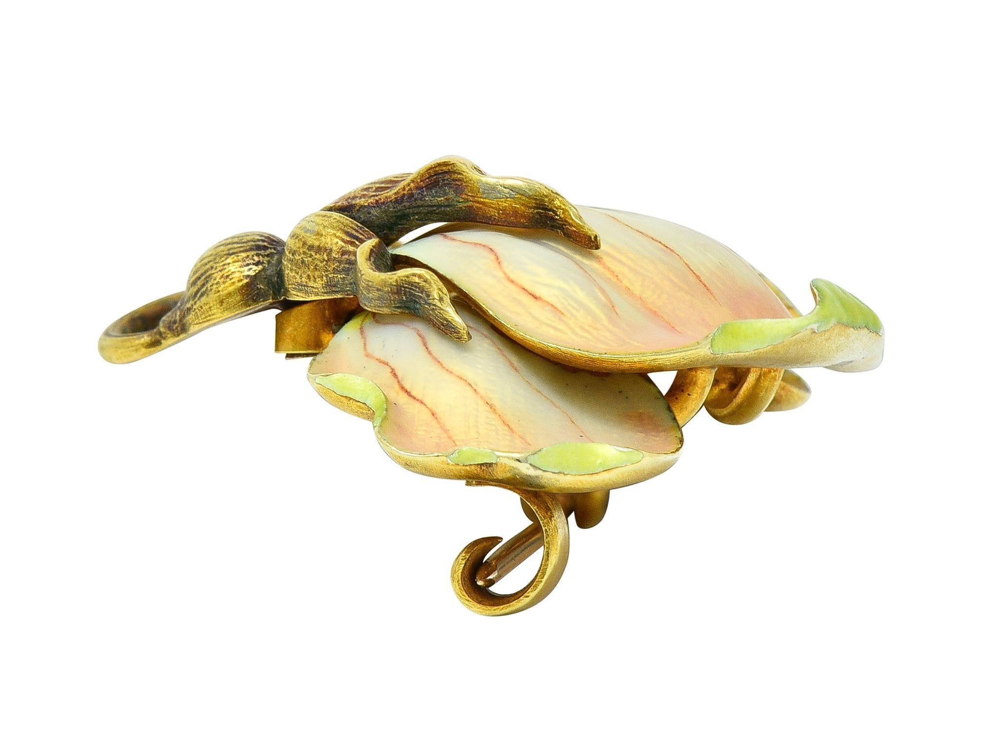 Art Nouveau Enamel 14 Karat Yellow Gold Antique Flower Brooch For Sale 6
