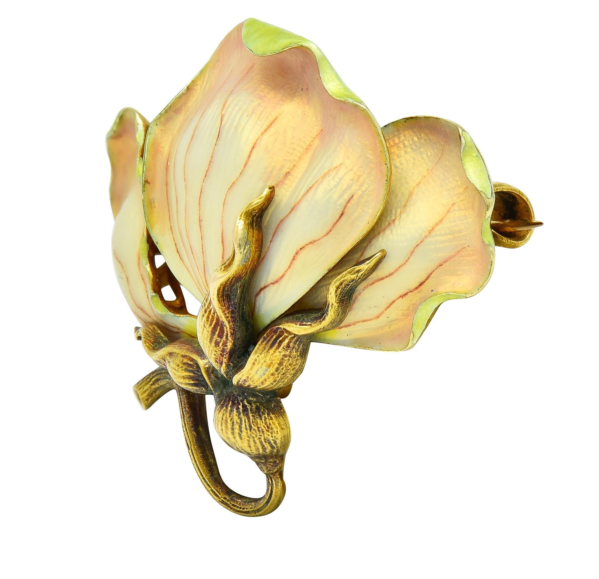Art Nouveau Enamel 14 Karat Yellow Gold Antique Flower Brooch In Excellent Condition For Sale In Philadelphia, PA