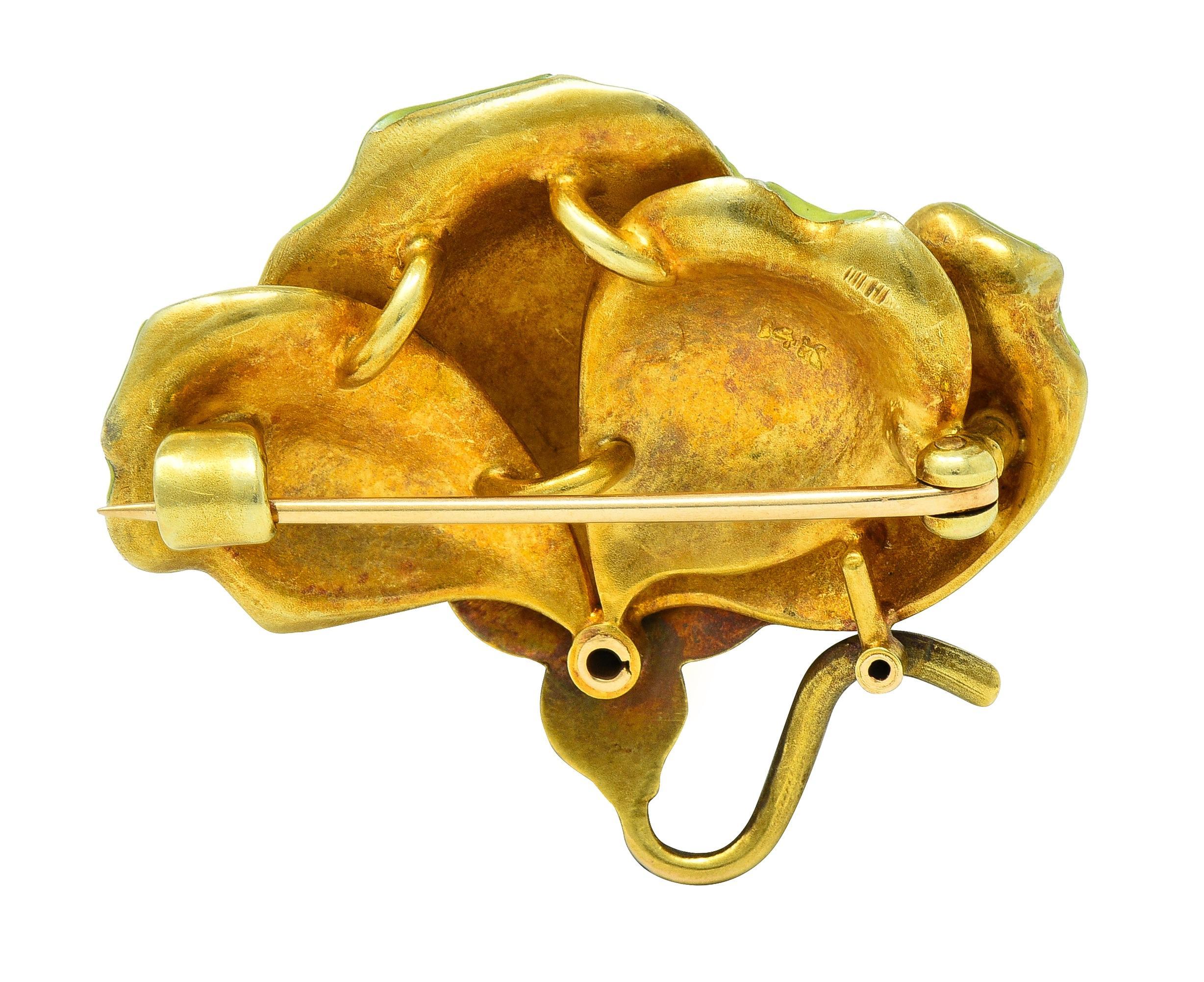 Women's or Men's Art Nouveau Enamel 14 Karat Yellow Gold Antique Flower Brooch For Sale