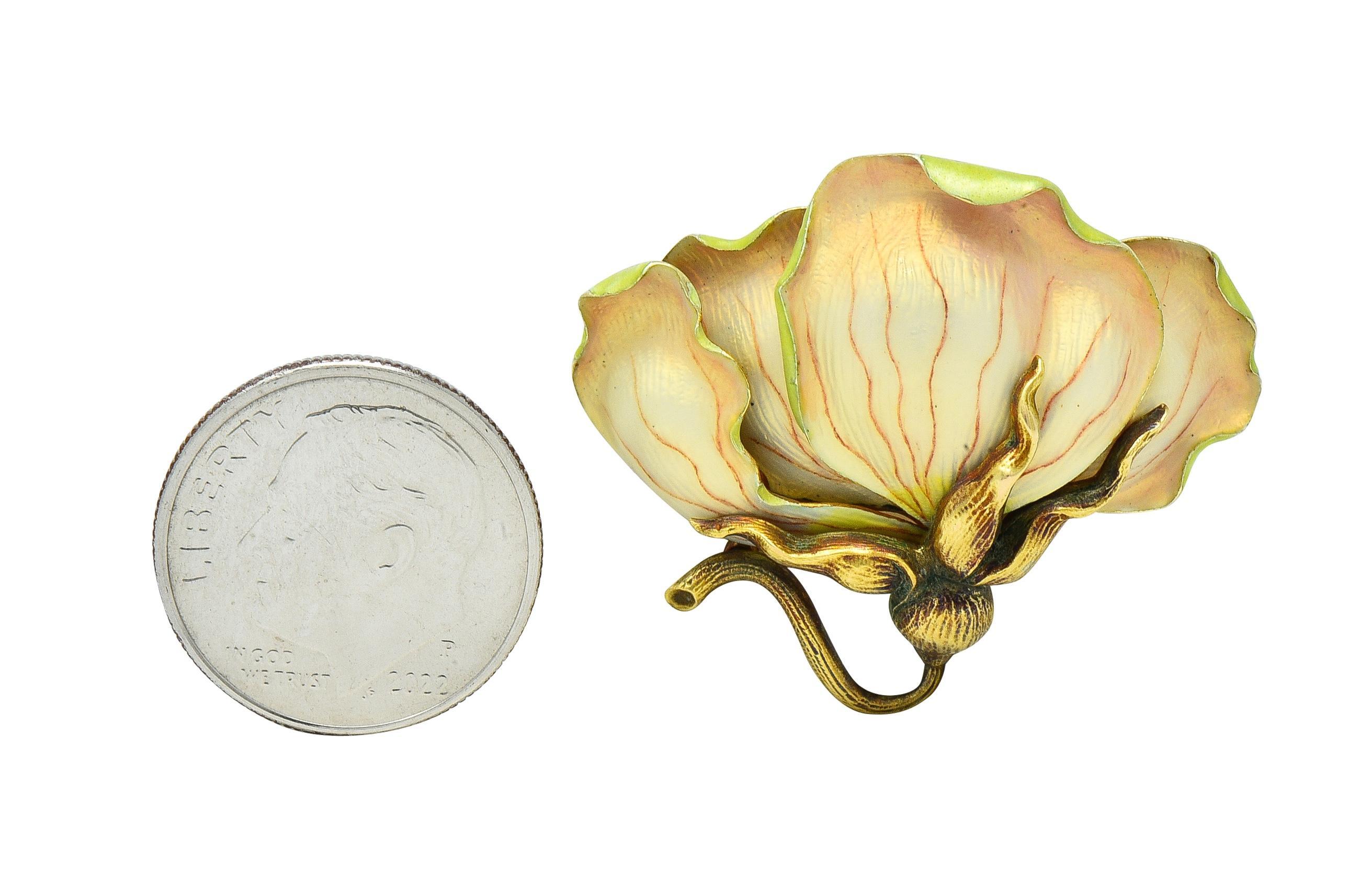 Art Nouveau Enamel 14 Karat Yellow Gold Antique Flower Brooch For Sale 4