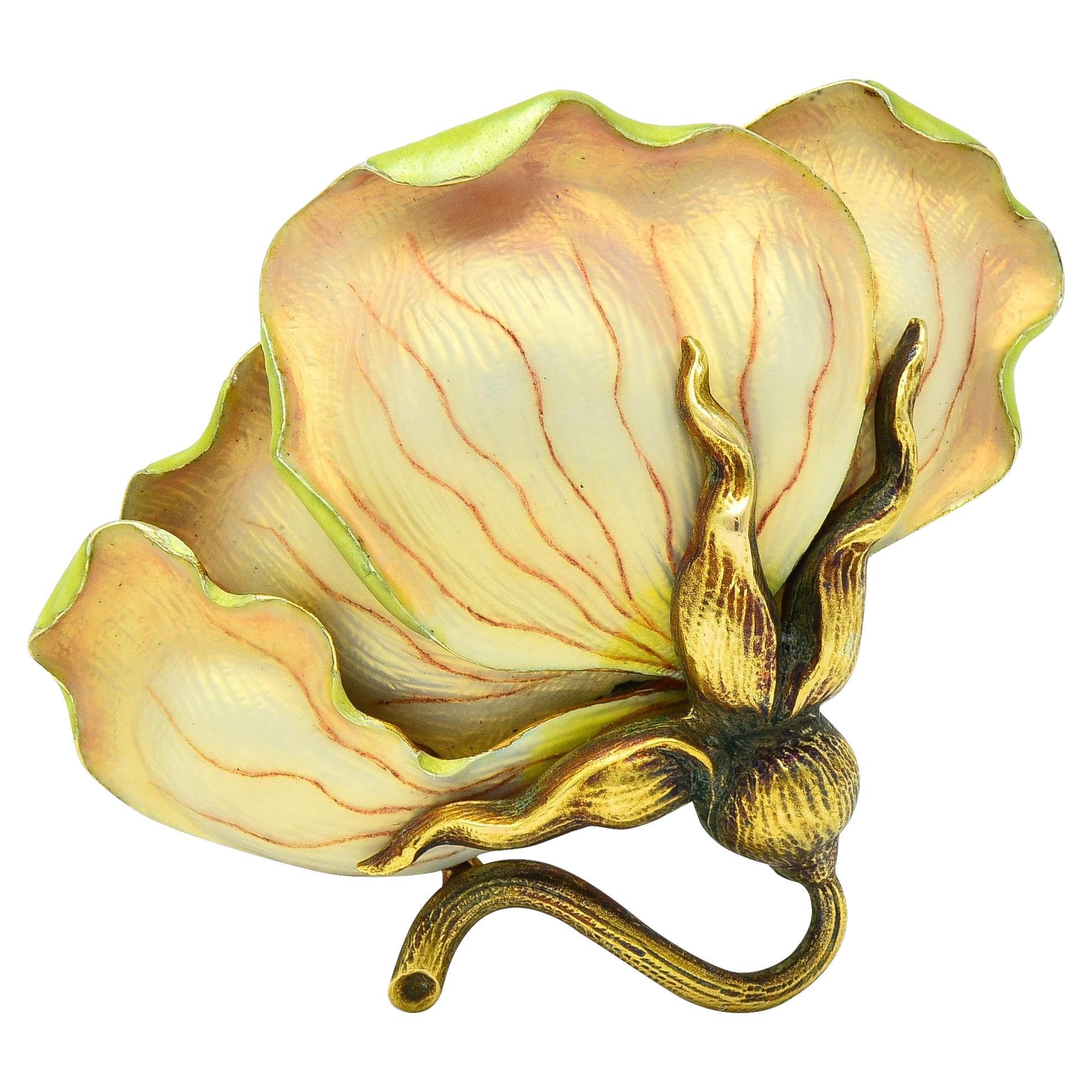 Art Nouveau Enamel 14 Karat Yellow Gold Antique Flower Brooch For Sale