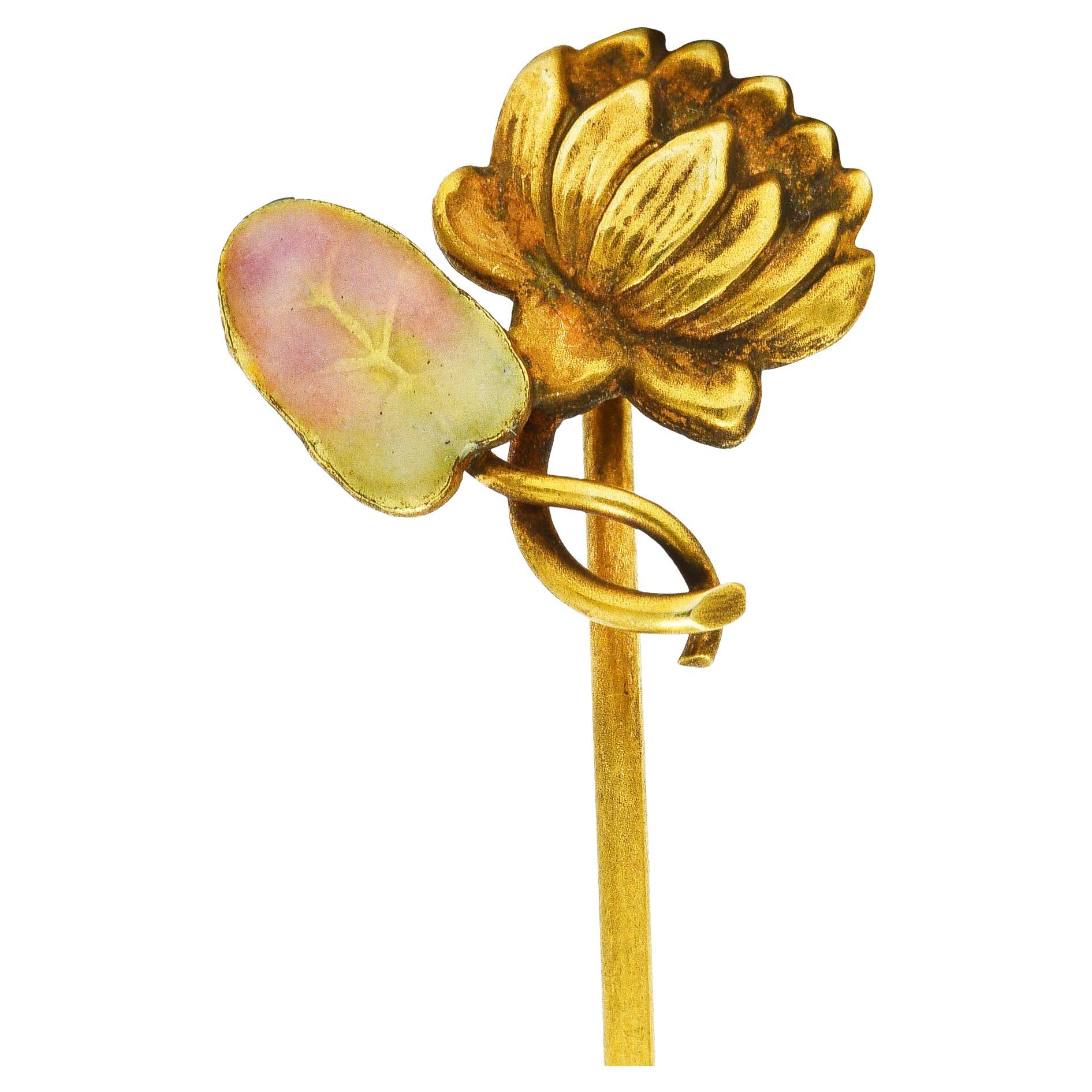 Art Nouveau Enamel 18 Karat Yellow Gold Lotus Flower Antique Stickpin