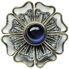 Art Nouveau Enamel 1.91 Carat Sapphire White Diamonds 14 Karat Yellow Gold Ring