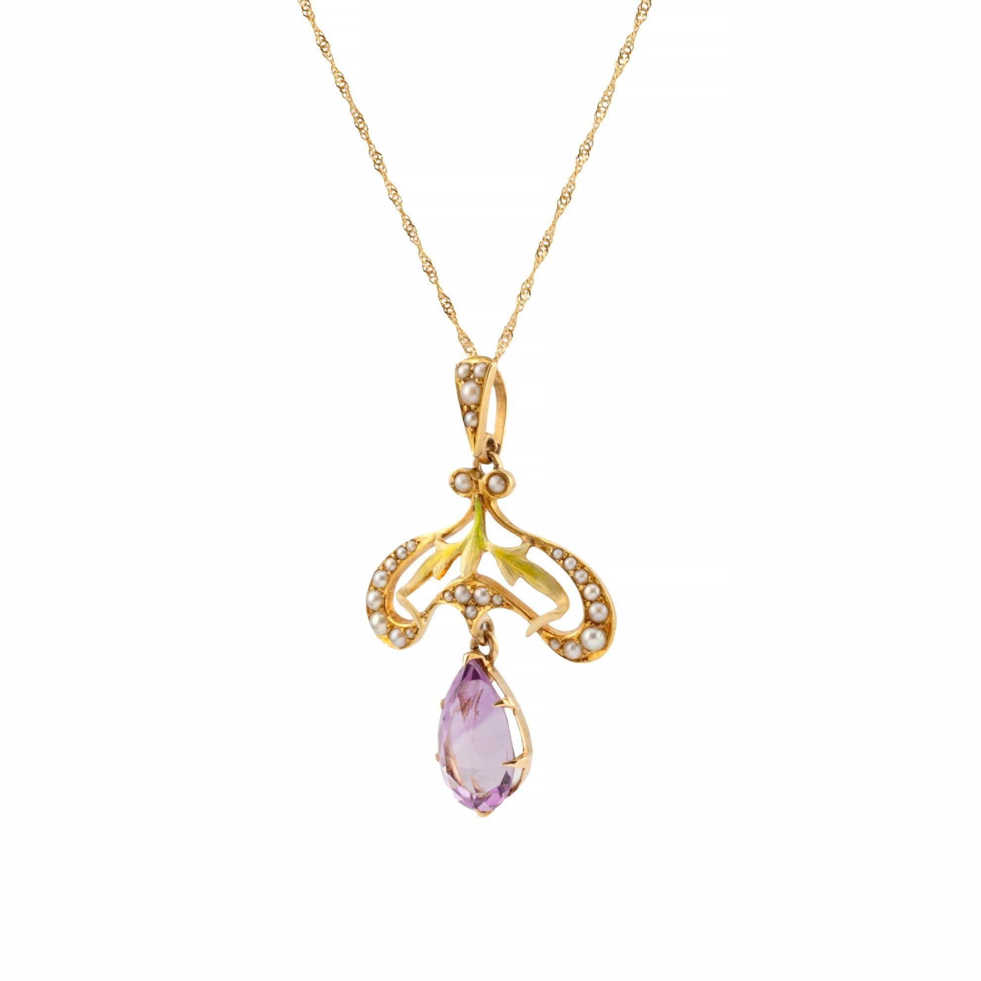 Taglio a goccia Ciondolo Art Nouveau con smalto, ametista e perla di Krementz in oro 14K in vendita