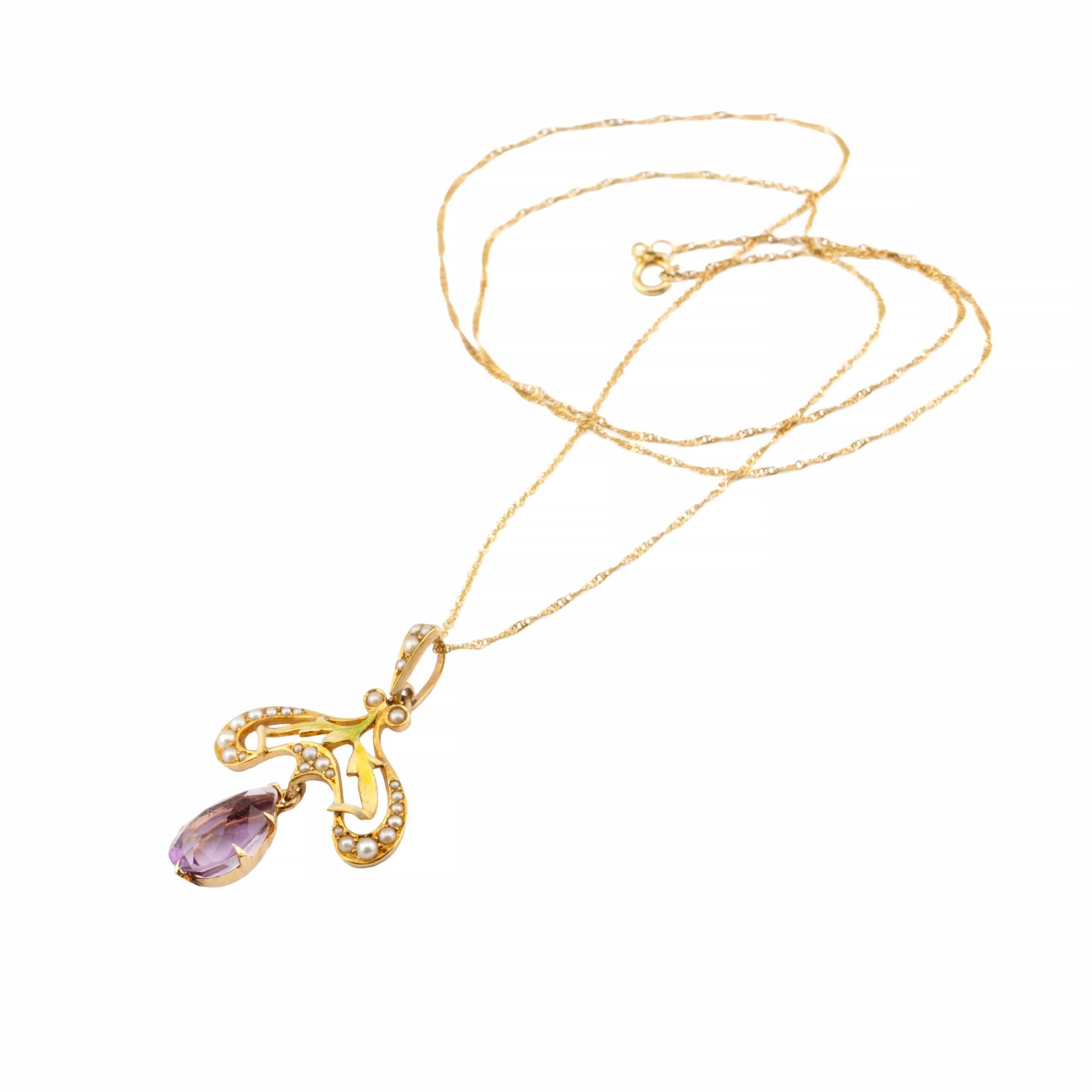 Ciondolo Art Nouveau con smalto, ametista e perla di Krementz in oro 14K In condizioni buone in vendita a Boston, MA