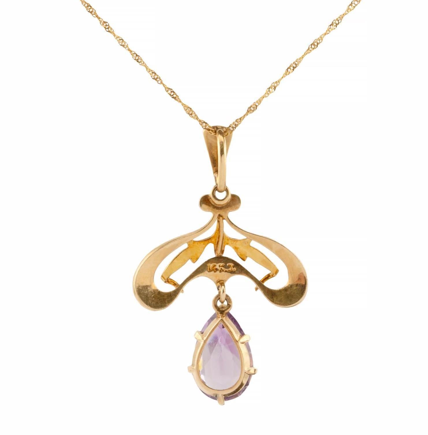 Ciondolo Art Nouveau con smalto, ametista e perla di Krementz in oro 14K in vendita 1