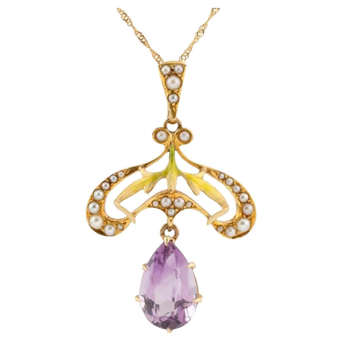 Art Nouveau Enamel, Amethyst, & Pearl Pendant by Krementz in 14K Gold