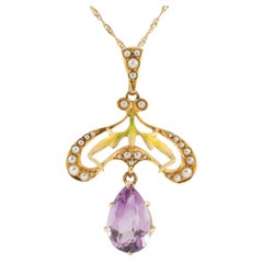 Art Nouveau Enamel, Amethyst, & Pearl Pendant by Krementz in 14K Gold
