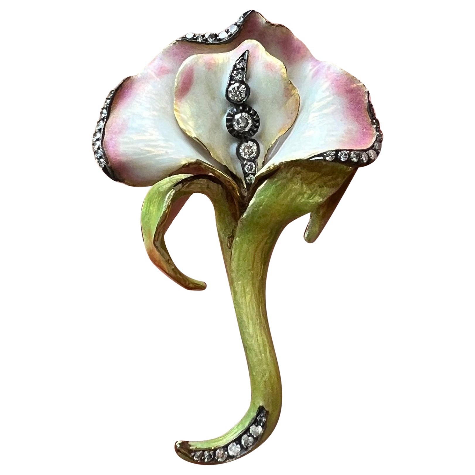 Art Nouveau Enamel and Diamond Flower Brooch, circa 1900