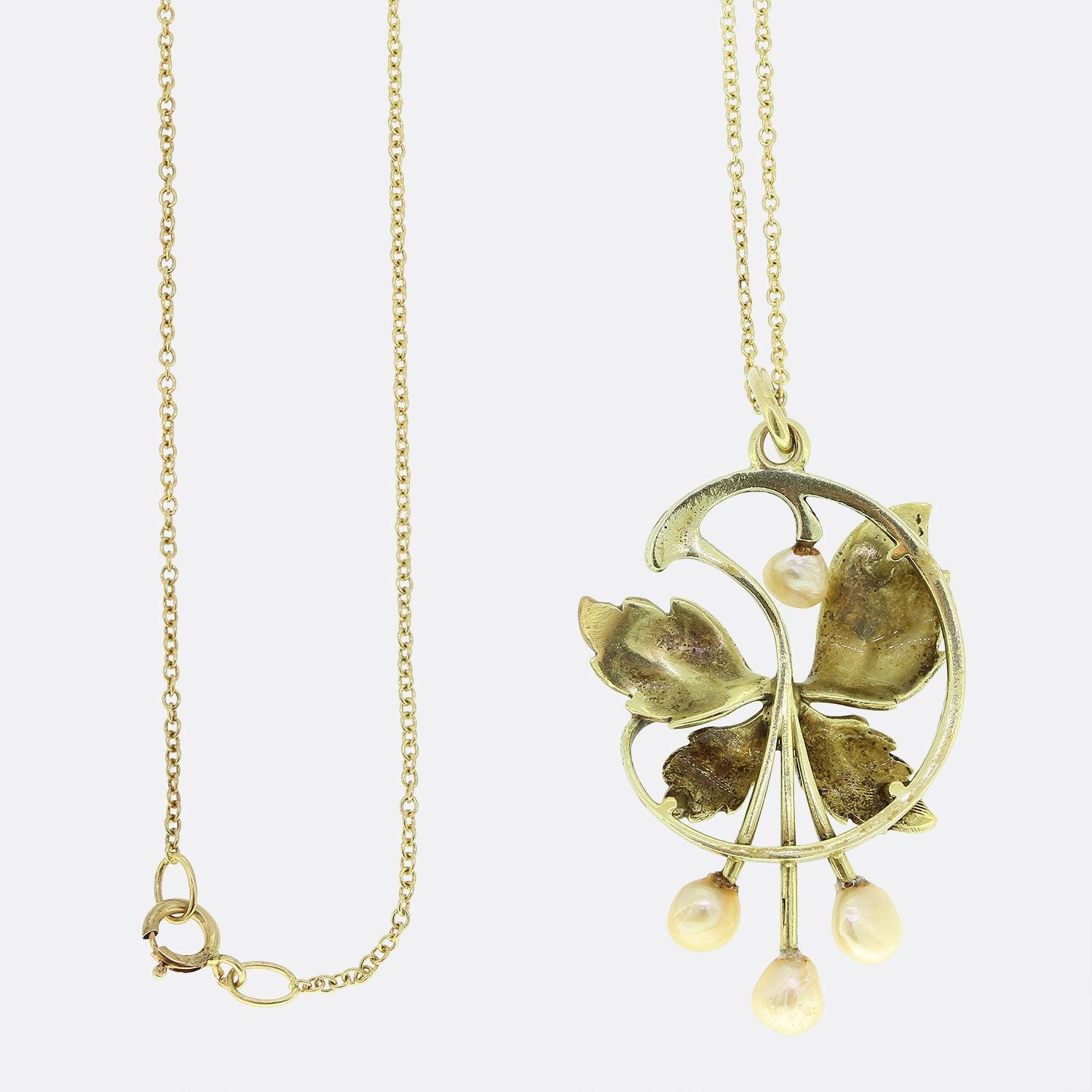 Round Cut Art Nouveau Enamel and Pearl Pendant Necklace For Sale