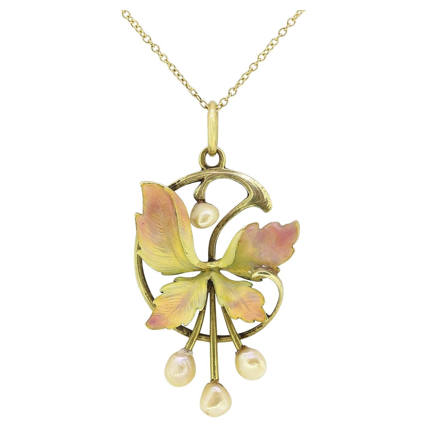 Art Nouveau Enamel and Pearl Pendant Necklace