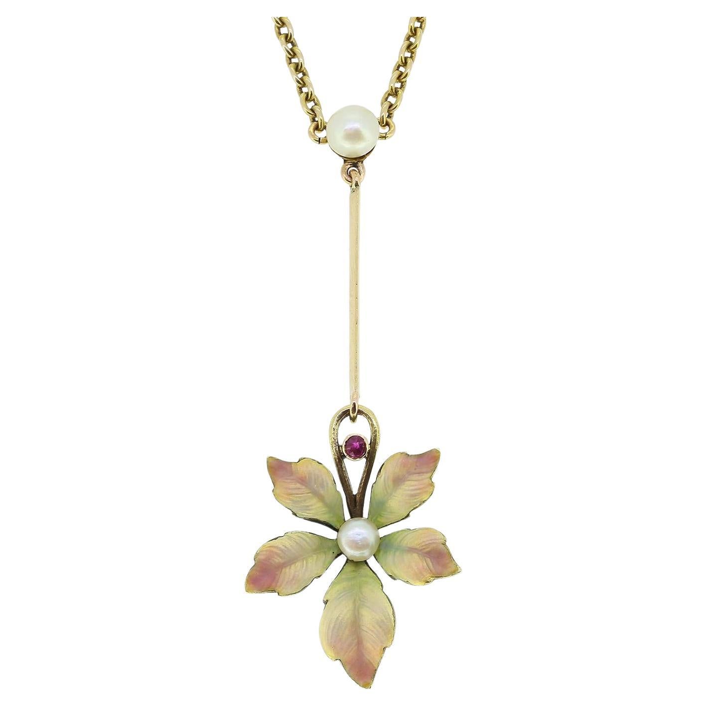Art Nouveau Enamel and Pearl Pendant Necklace For Sale