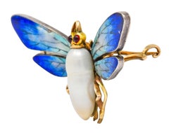Art Nouveau Enamel Baroque Pearl 14 Karat Gold Butterfly Brooch