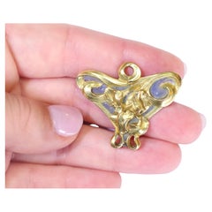 Art Nouveau Enamel Brooch in Yellow Gold 18 Karats, Plique a Jour Enamel
