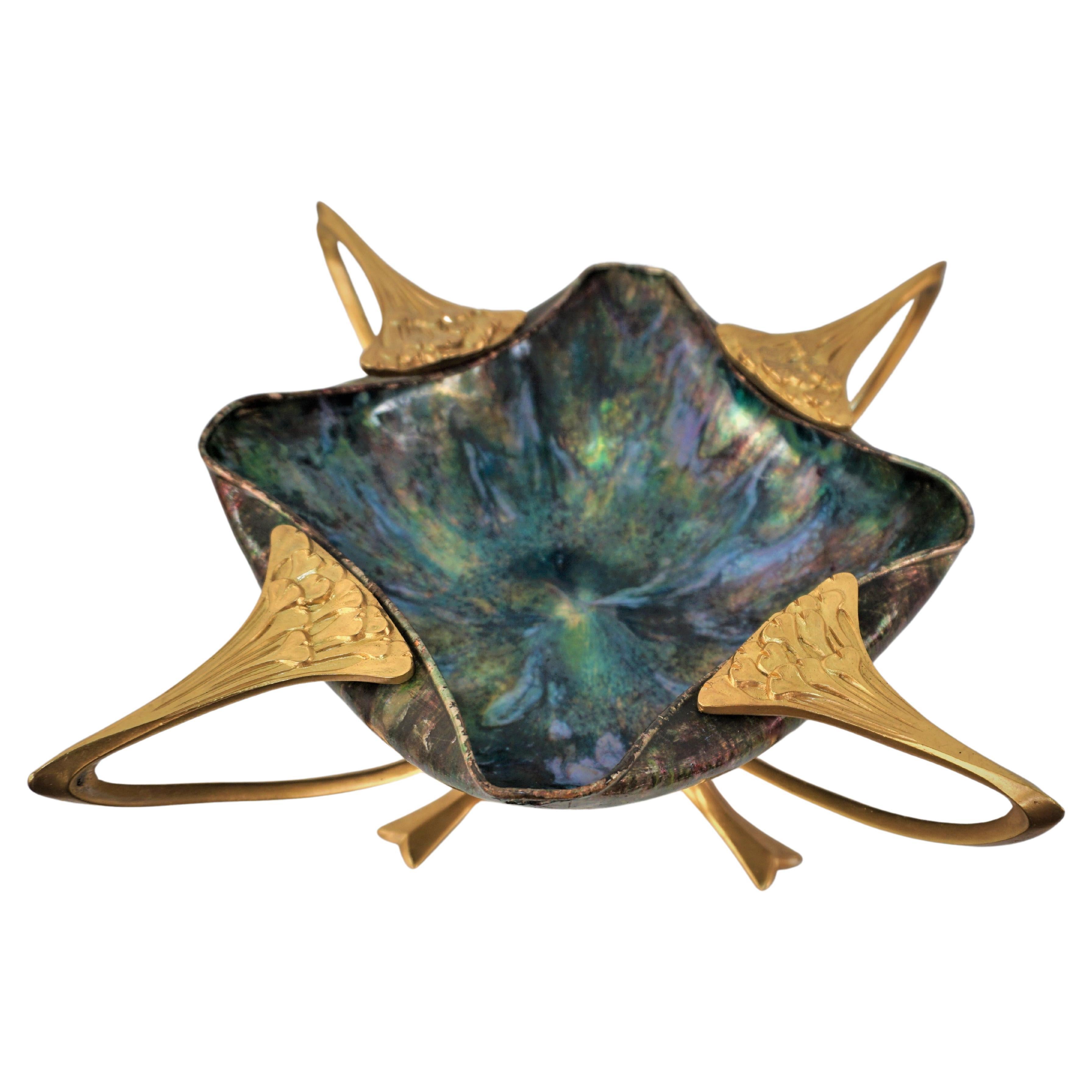 Art Nouveau Enamel Copper Gilt Bronze Center Dish For Sale