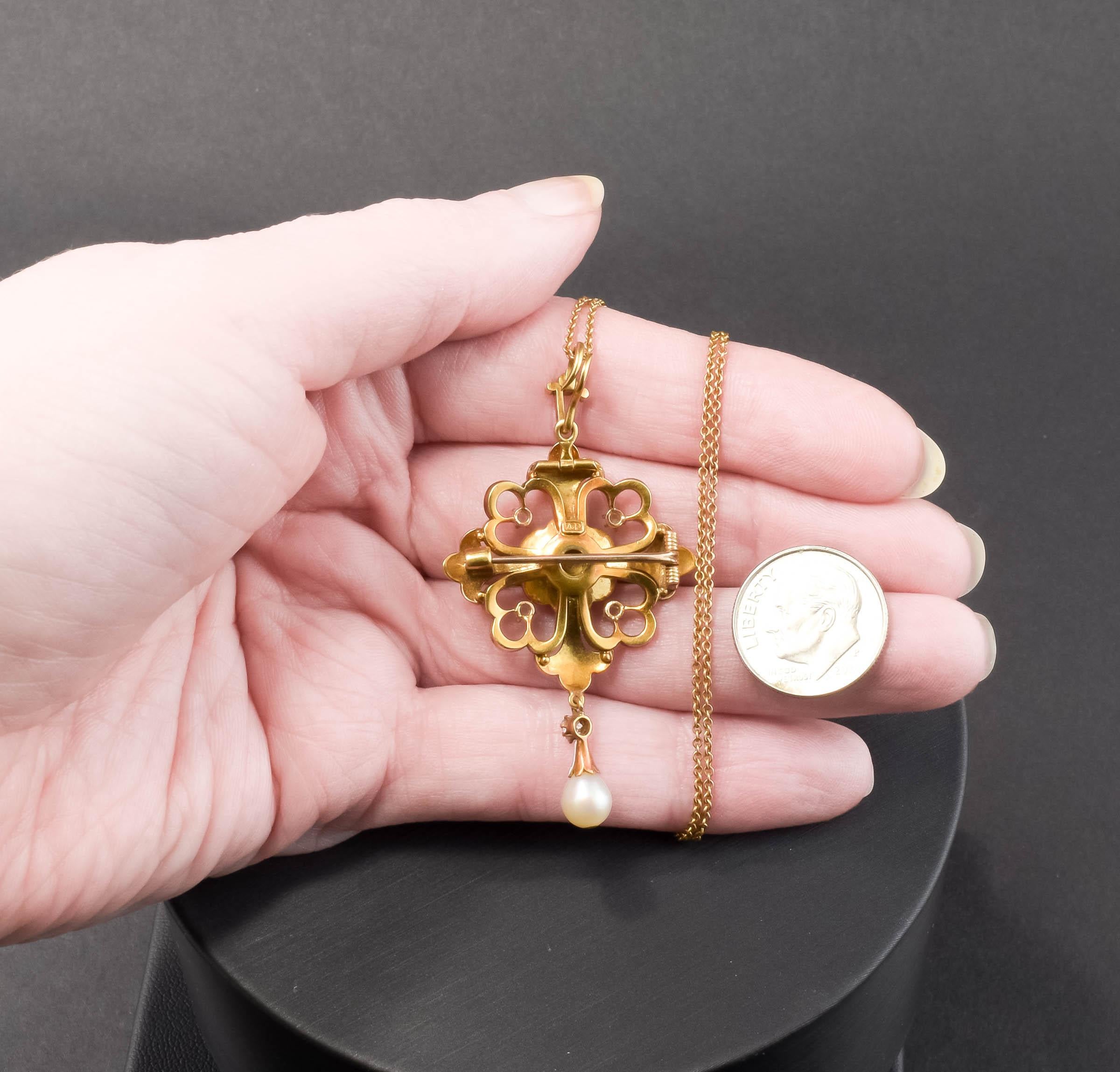Art Nouveau Enamel, Diamond & Pearl Pendant - Brooch Necklace For Sale 5