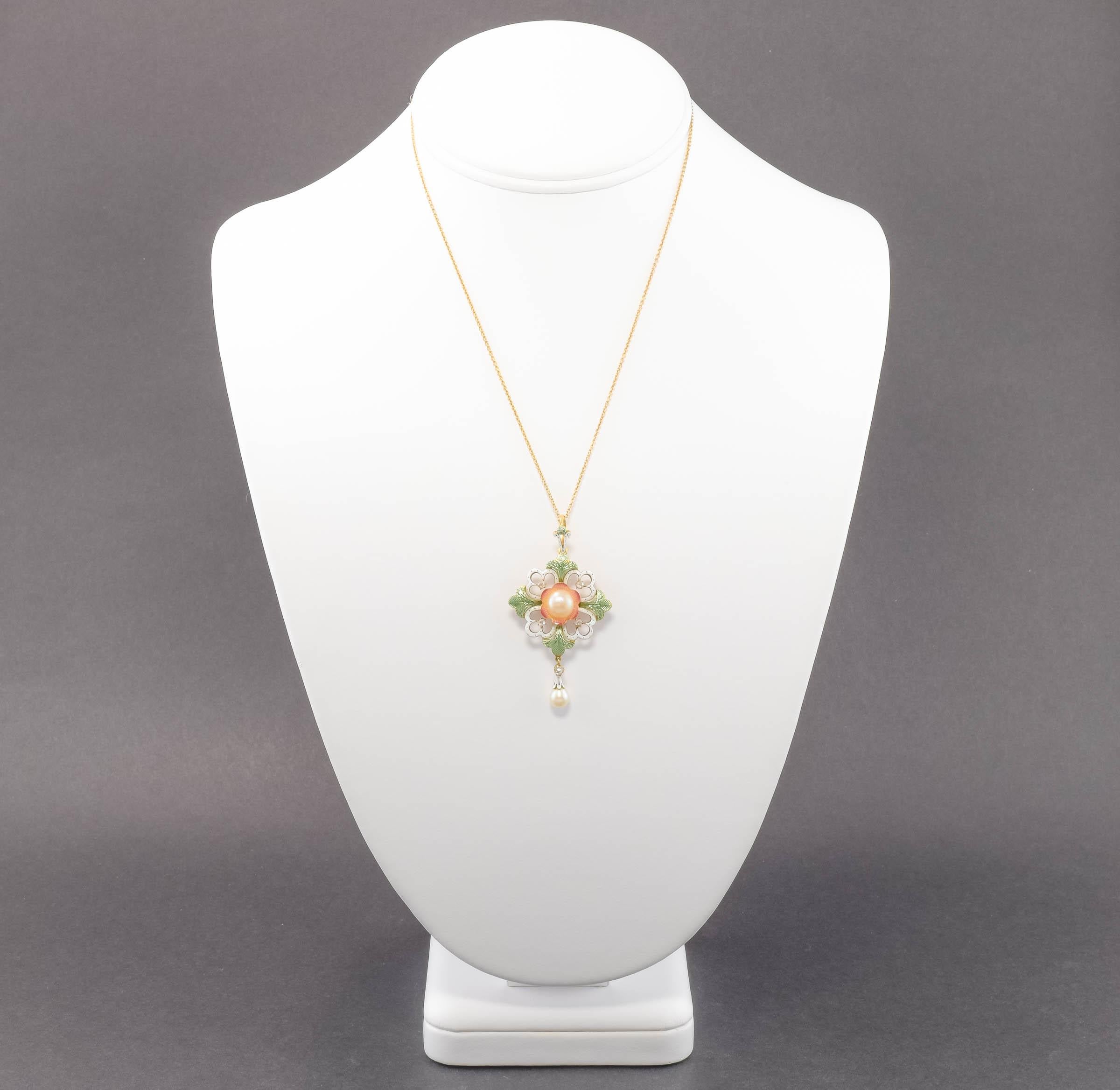 Art Nouveau Enamel, Diamond & Pearl Pendant - Brooch Necklace For Sale 6