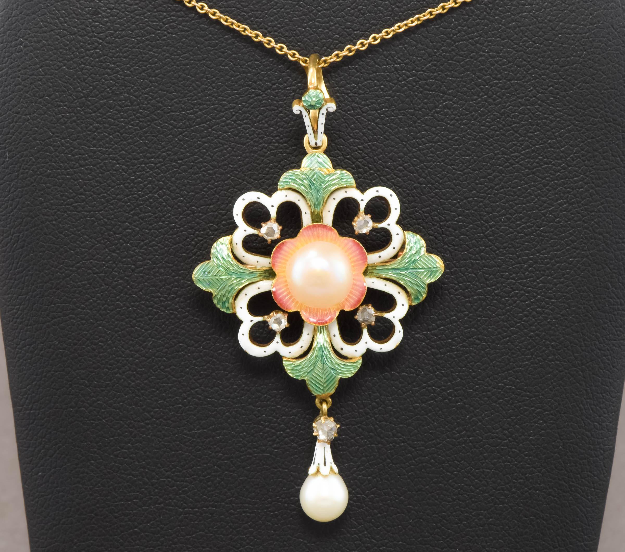 Art Nouveau Enamel, Diamond & Pearl Pendant - Brooch Necklace In Good Condition For Sale In Danvers, MA